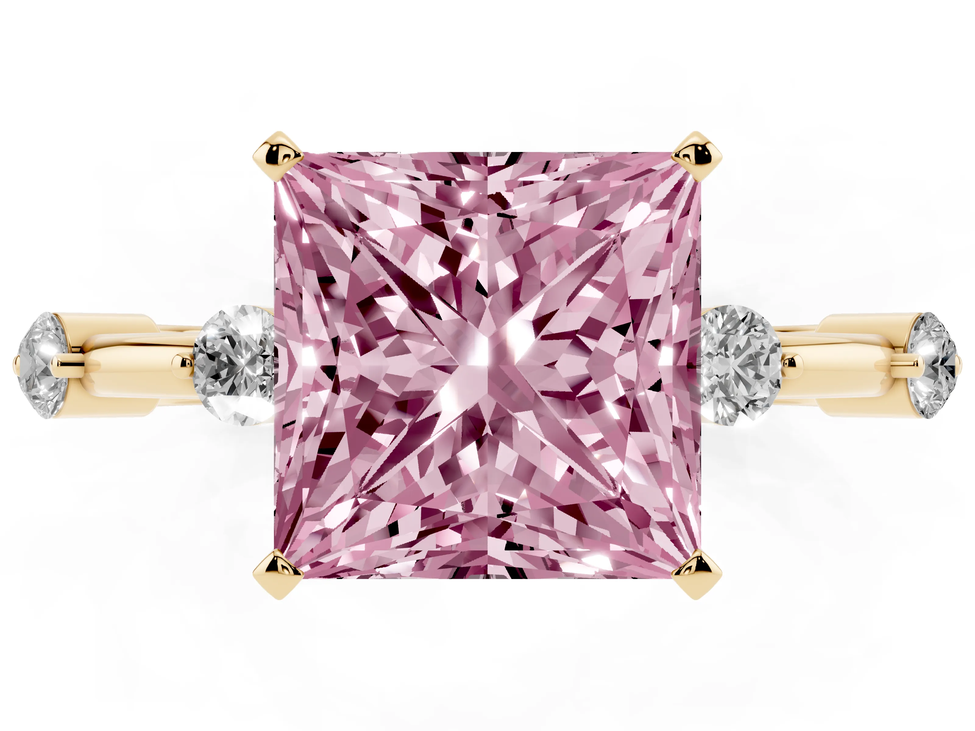 Fancy Pink Princess Cut Diamond Solitaire Ring Set in Yellow gold with Bezel Set Side Stones and Prong Setting