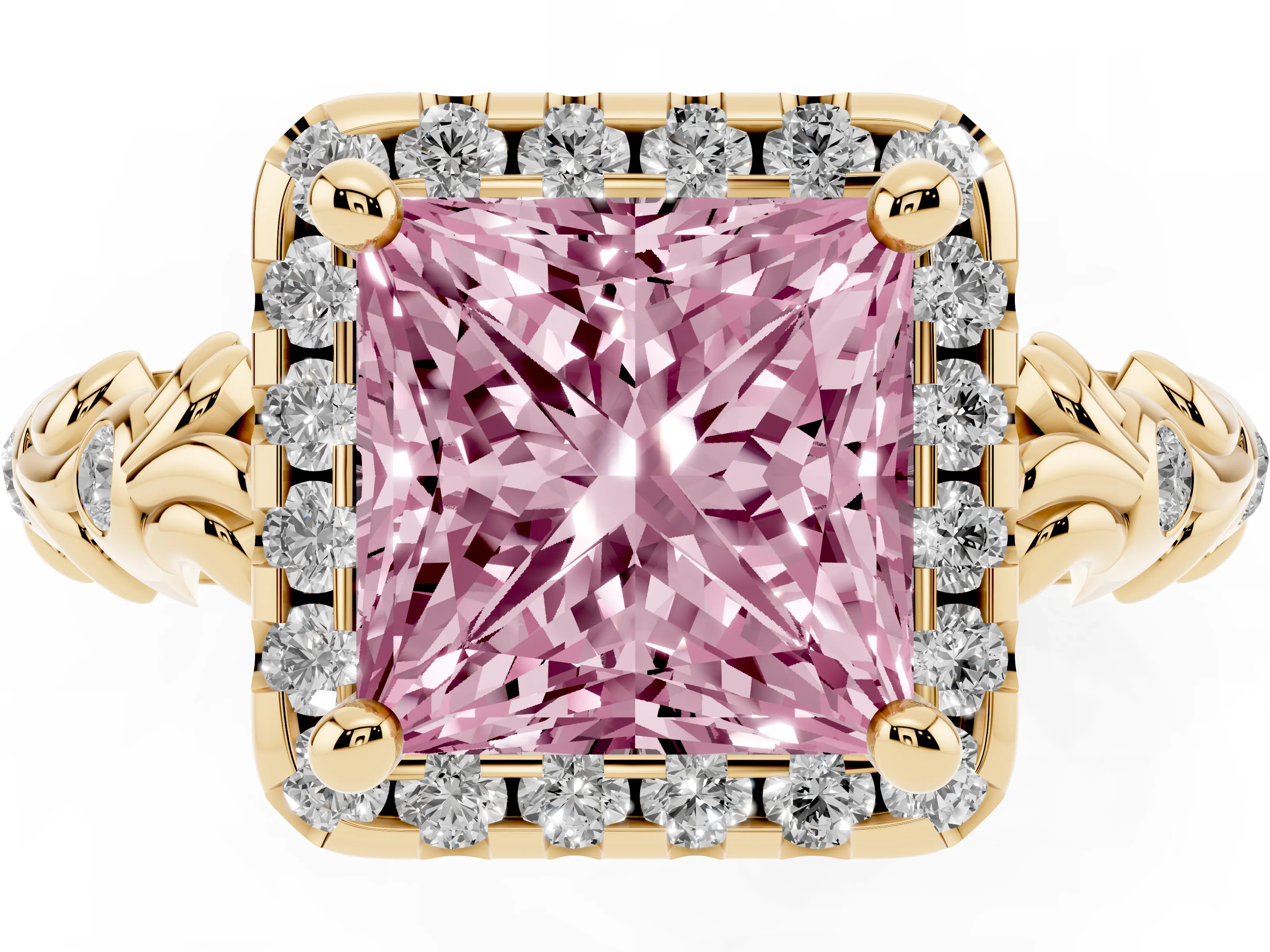 Fancy Pink Princess Cut Diamond Halo Ring Set in Yellow gold with Filigree Leaf Band and Prong Setting