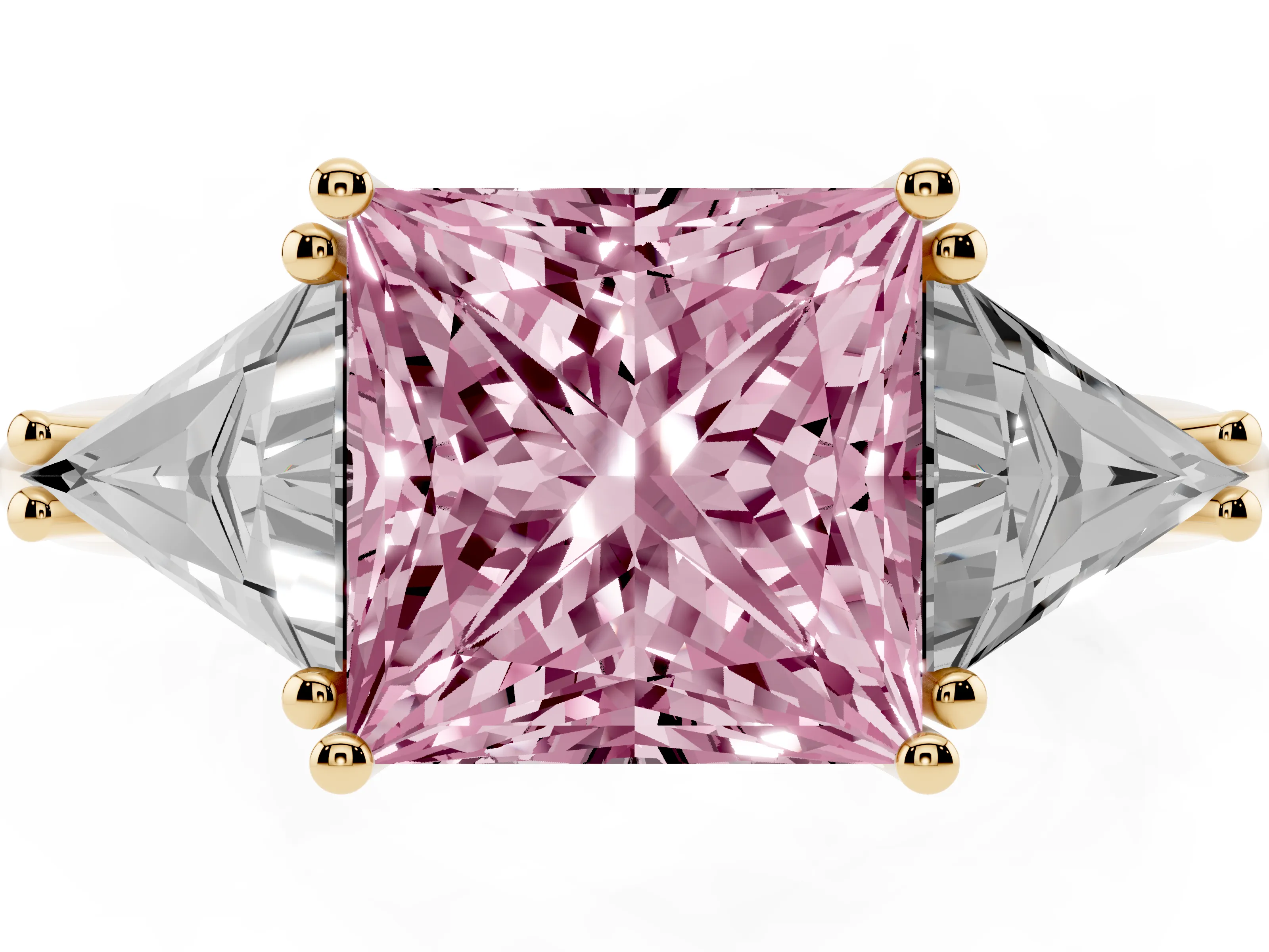 Fancy Pink Princess Cut Diamond Three-Stone Engagement Ring Set in Yellow gold with Trillion Side Stones