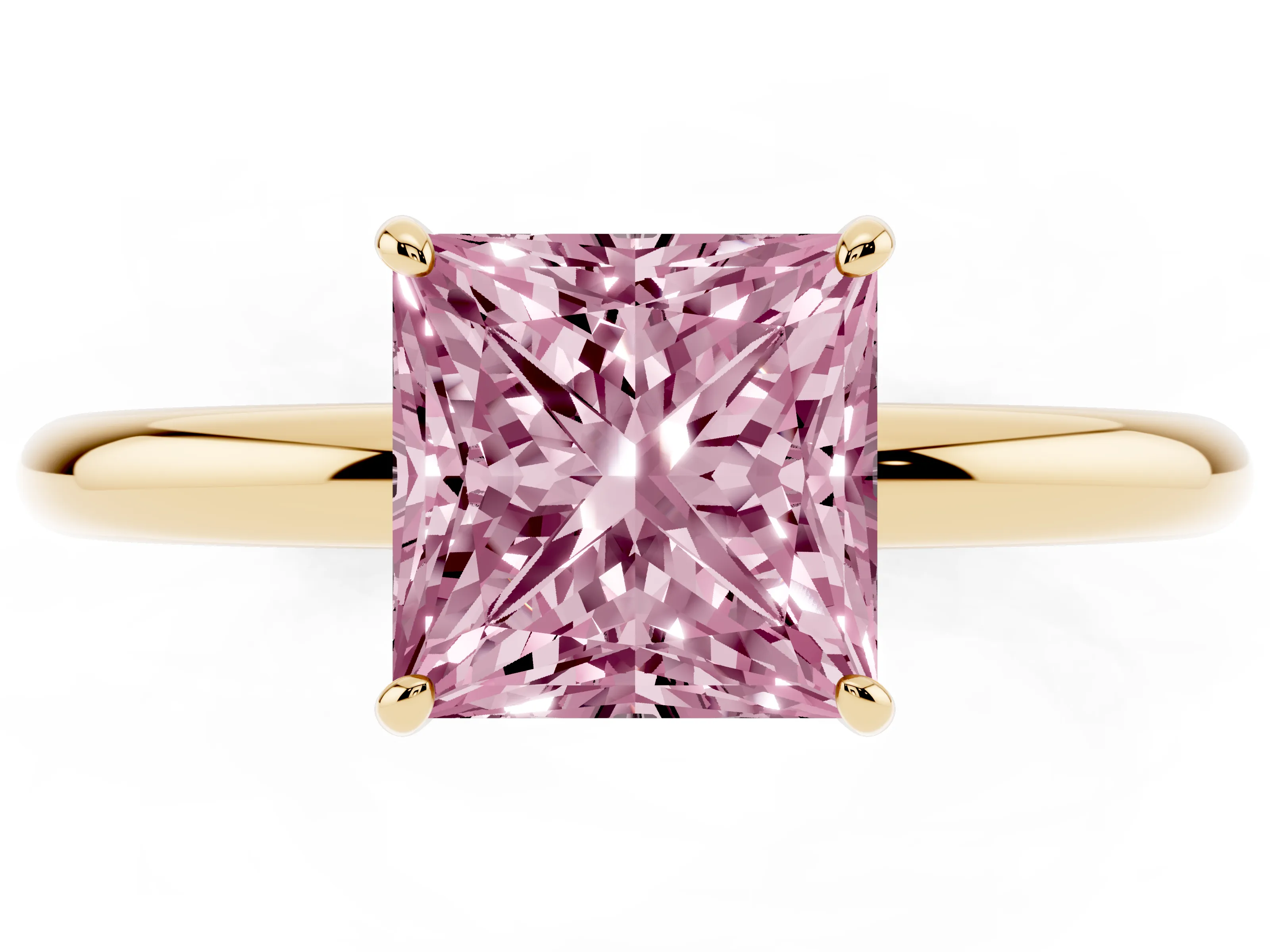 Fancy Pink Princess Cut Diamond Solitaire Ring Set in Yellow gold with Prong Setting on a Polished Plain Band