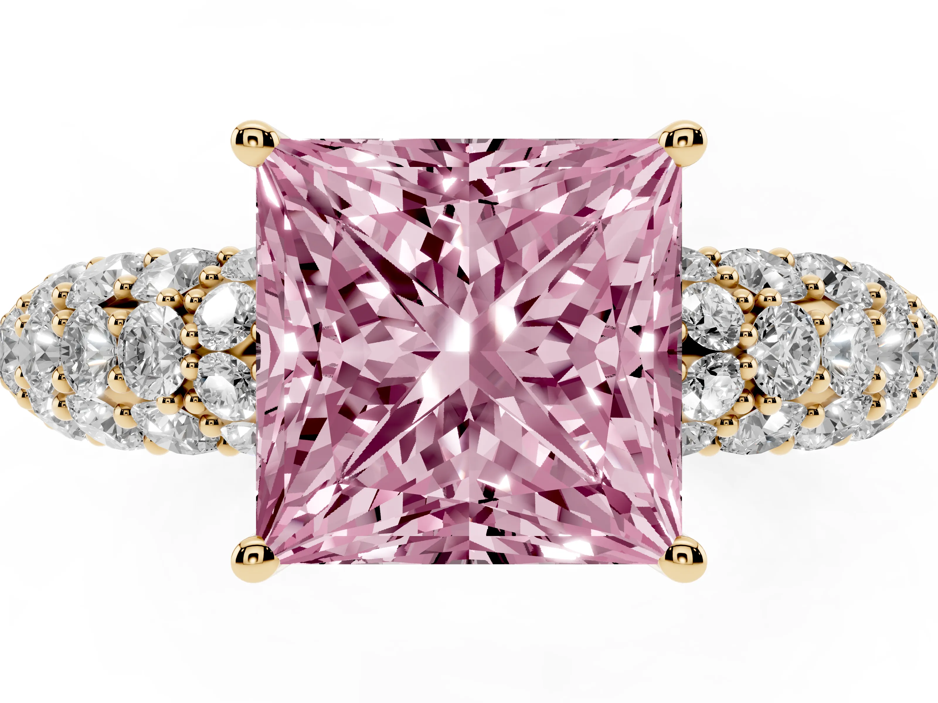 Fancy Pink Princess Cut Diamond Pavé Band Solitaire Ring Set in Yellow gold with Close-Set Accent Stones and Prong Setting