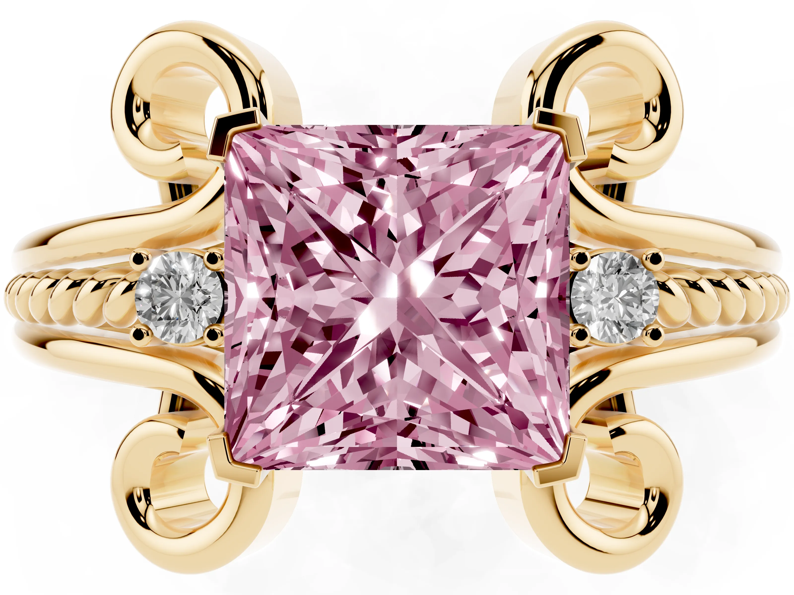 Fancy Pink Princess Cut Diamond Twisted Band Solitaire Ring Set in Yellow gold with Scroll Prongs