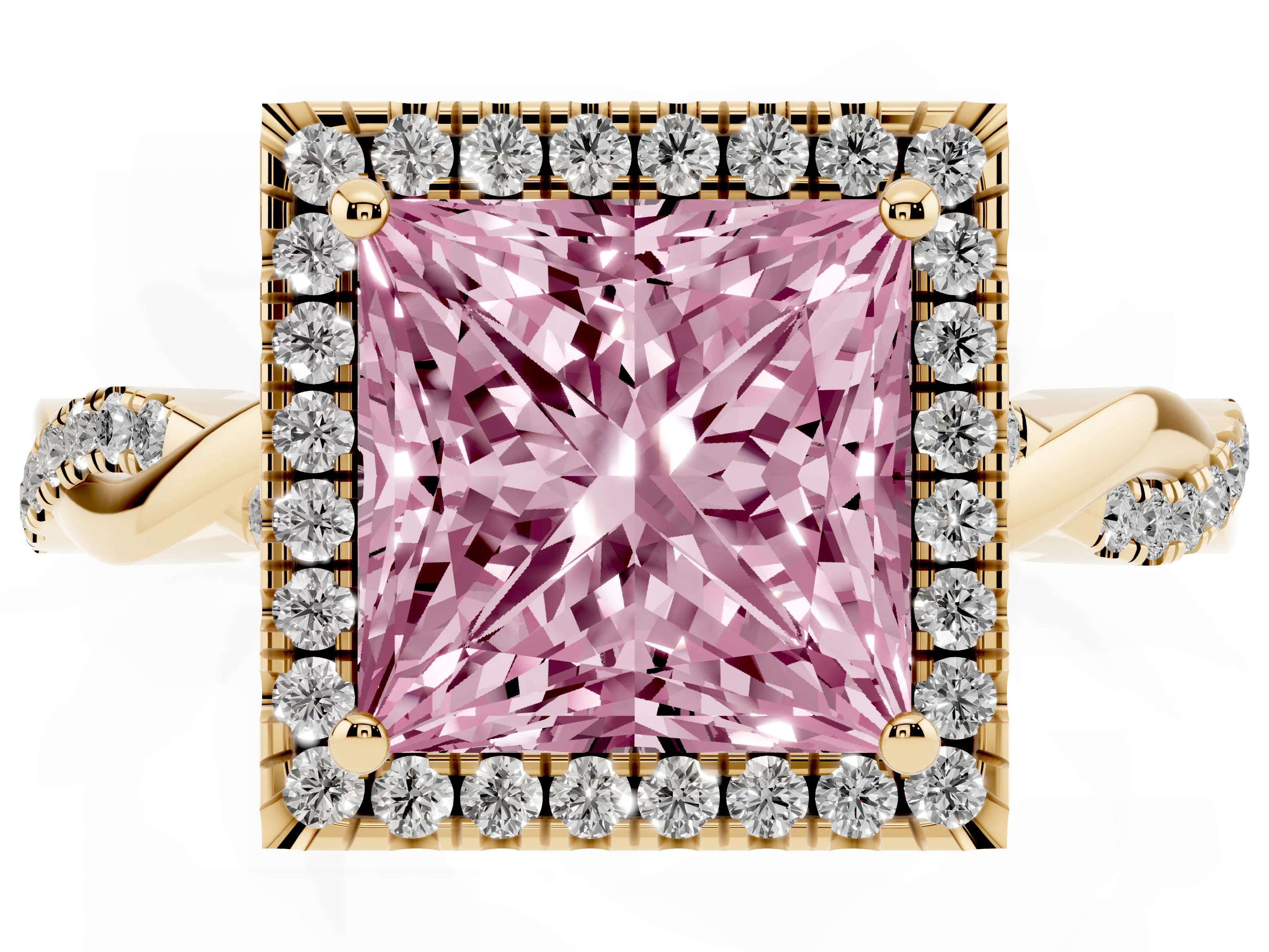 Fancy Pink Princess Cut Diamond Halo Twisted Band Ring Set in Yellow gold with Prong Setting
