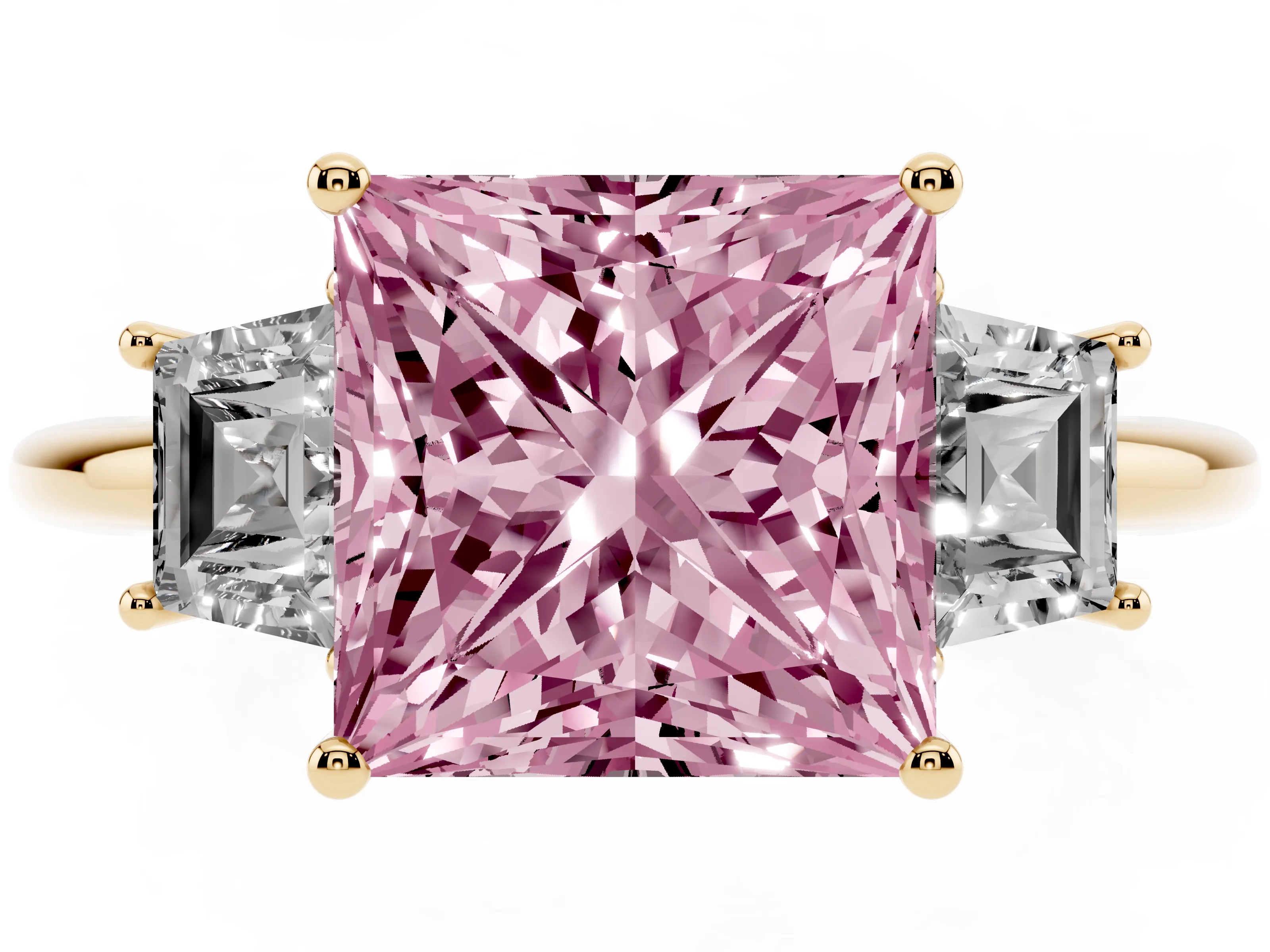 Fancy Pink Princess Cut Diamond Three-Stone Ring Set in Yellow gold with Trapezoid Side Stones and Prong Setting