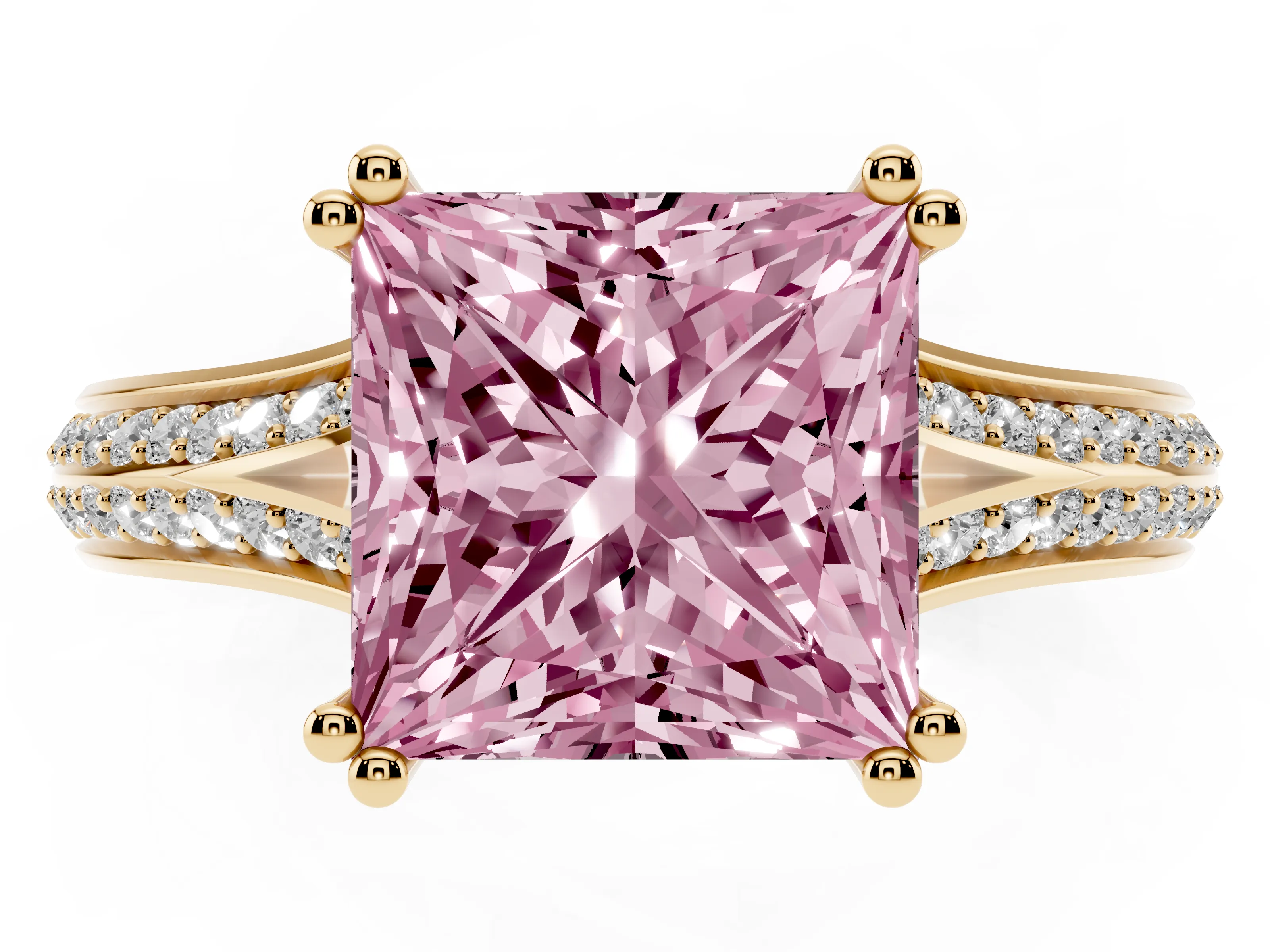 Fancy Pink Princess Cut Diamond Split Shank Pavé Engagement Ring Set in Yellow gold with Prong-Set Center Stone