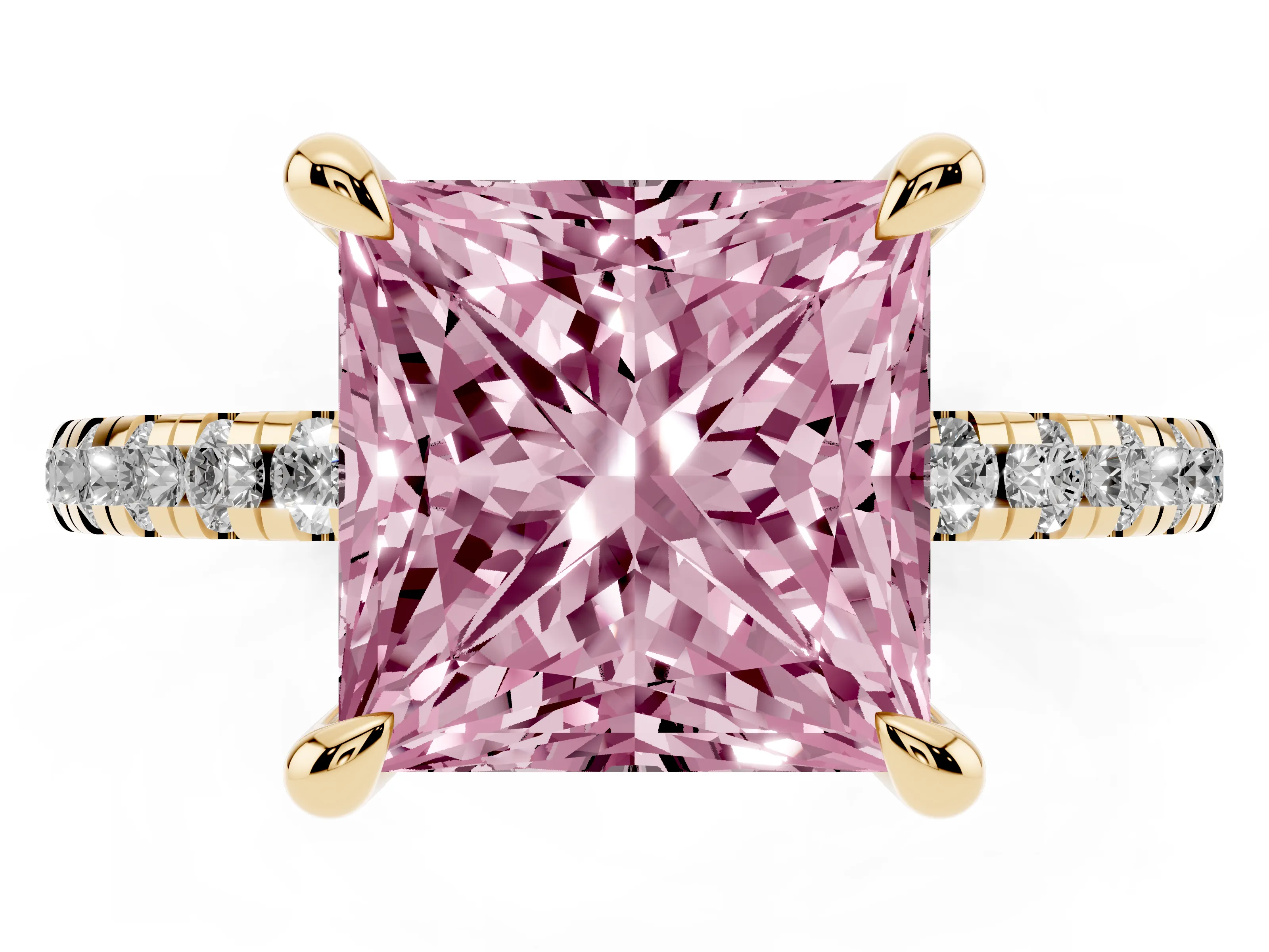Fancy Pink Princess Cut Diamond Brilliant Solitaire Ring Set in Yellow gold with Pavé Band and Prong Setting