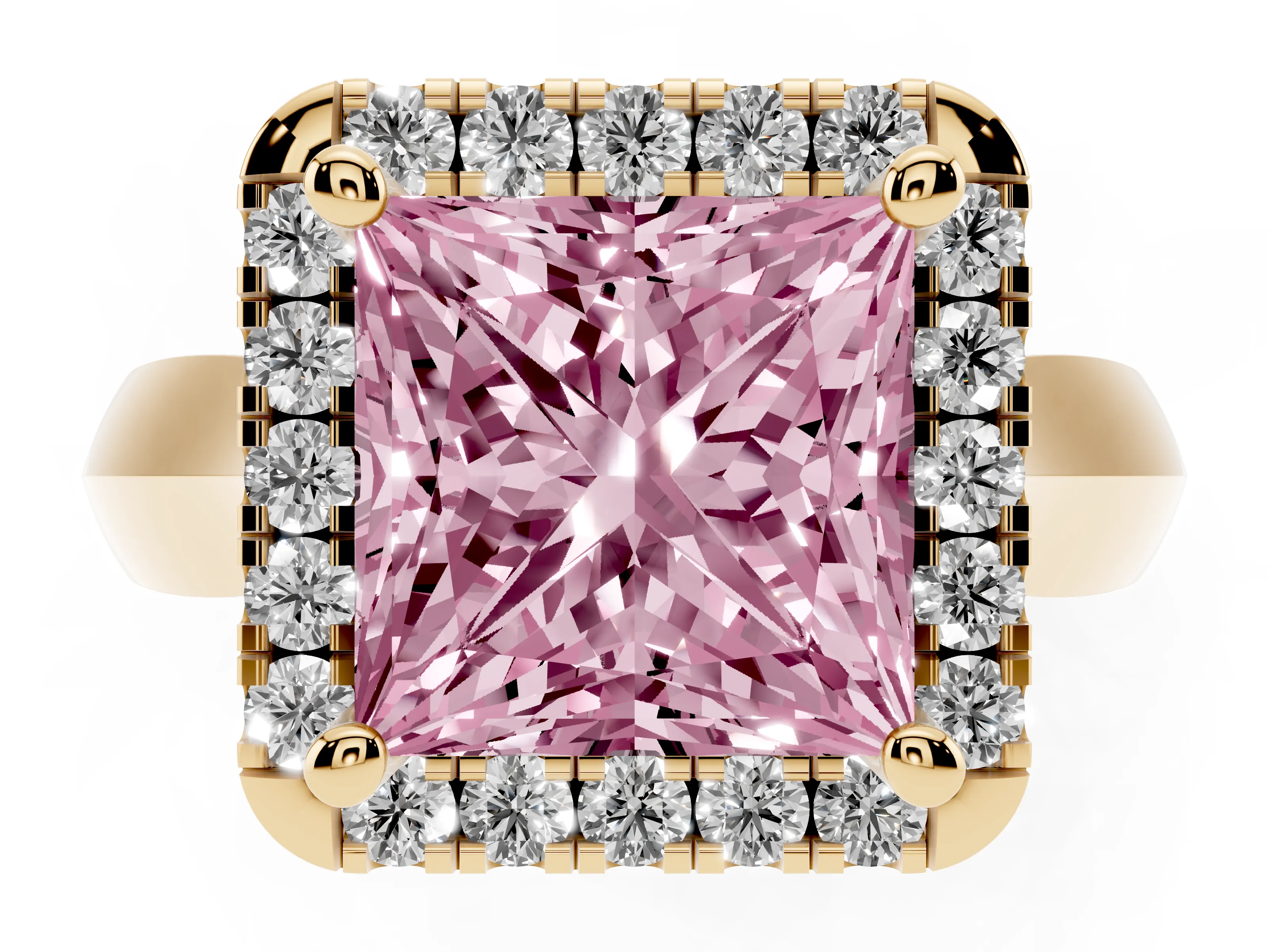 Fancy Pink Princess Cut Diamond Halo Solitaire Engagement Ring Set in Yellow gold with Square Band and Prong Setting