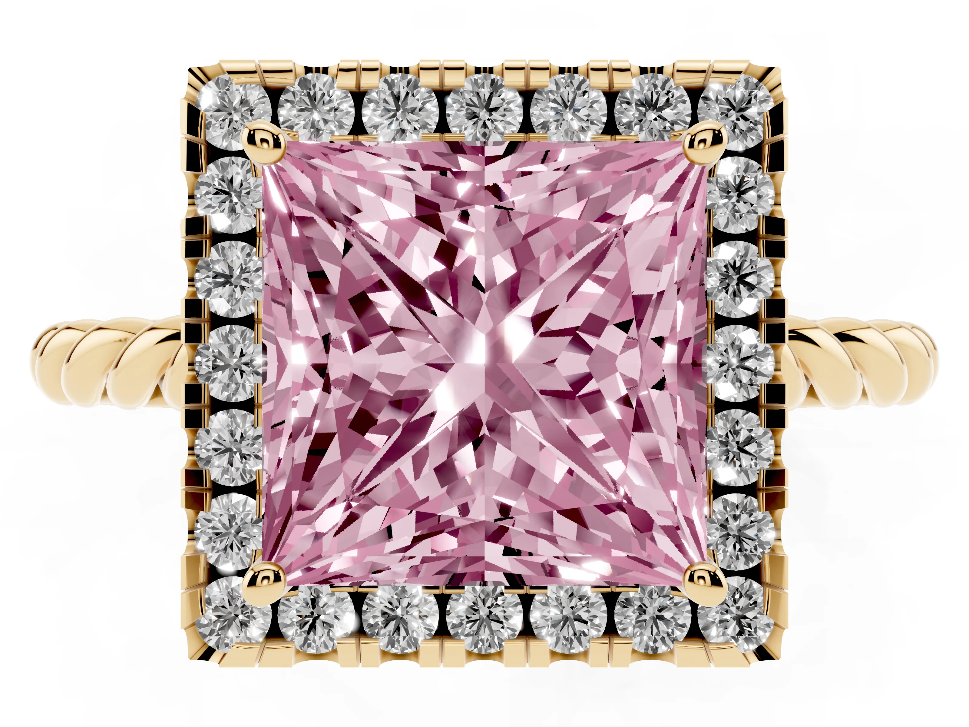 Fancy Pink Princess Cut Diamond Halo Ring Set in Yellow gold with Plain Twisted Band