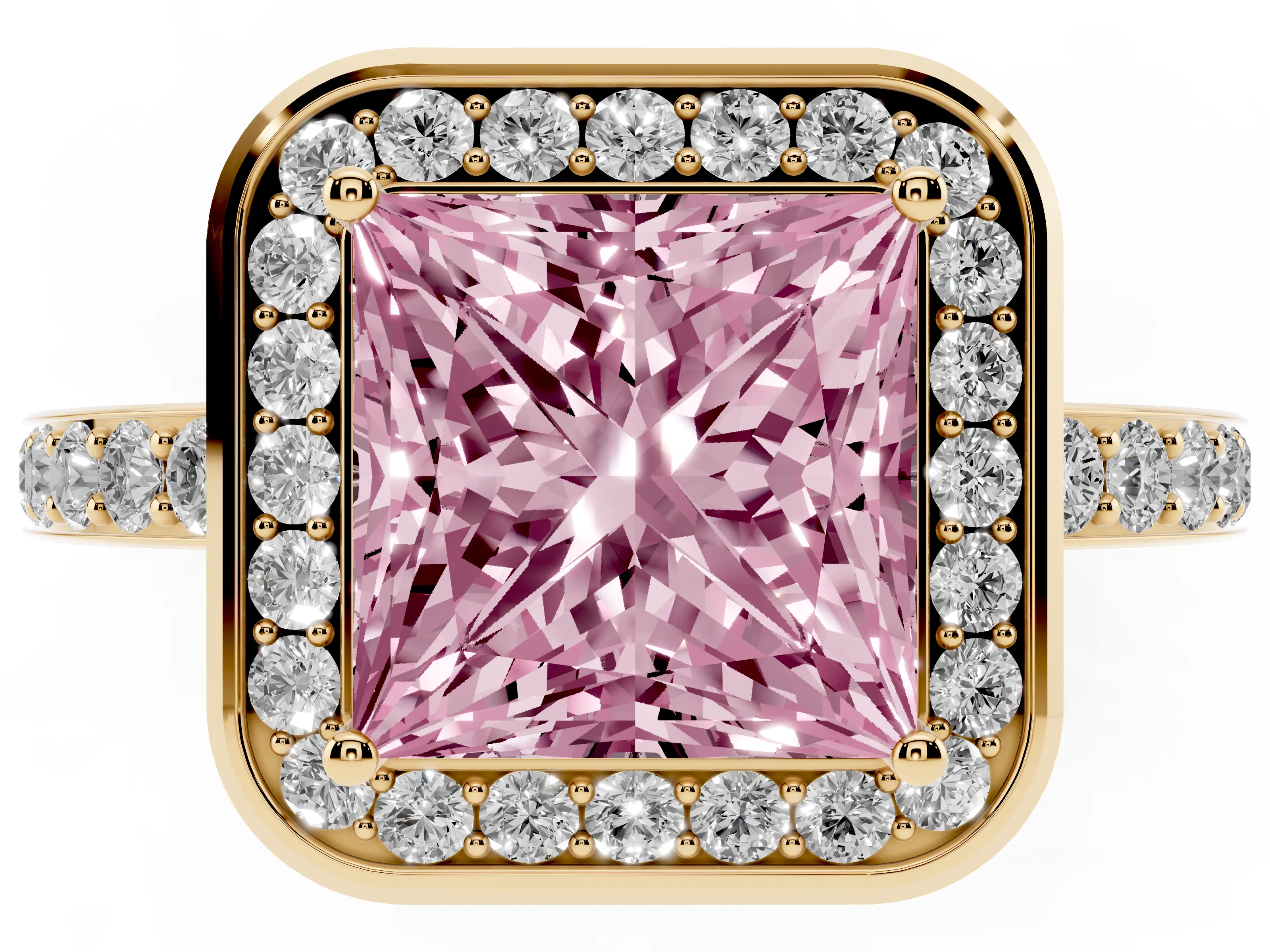 Fancy Pink Princess Cut Diamond Halo Ring Set in Yellow gold with Bezel Frame and Pavé Band