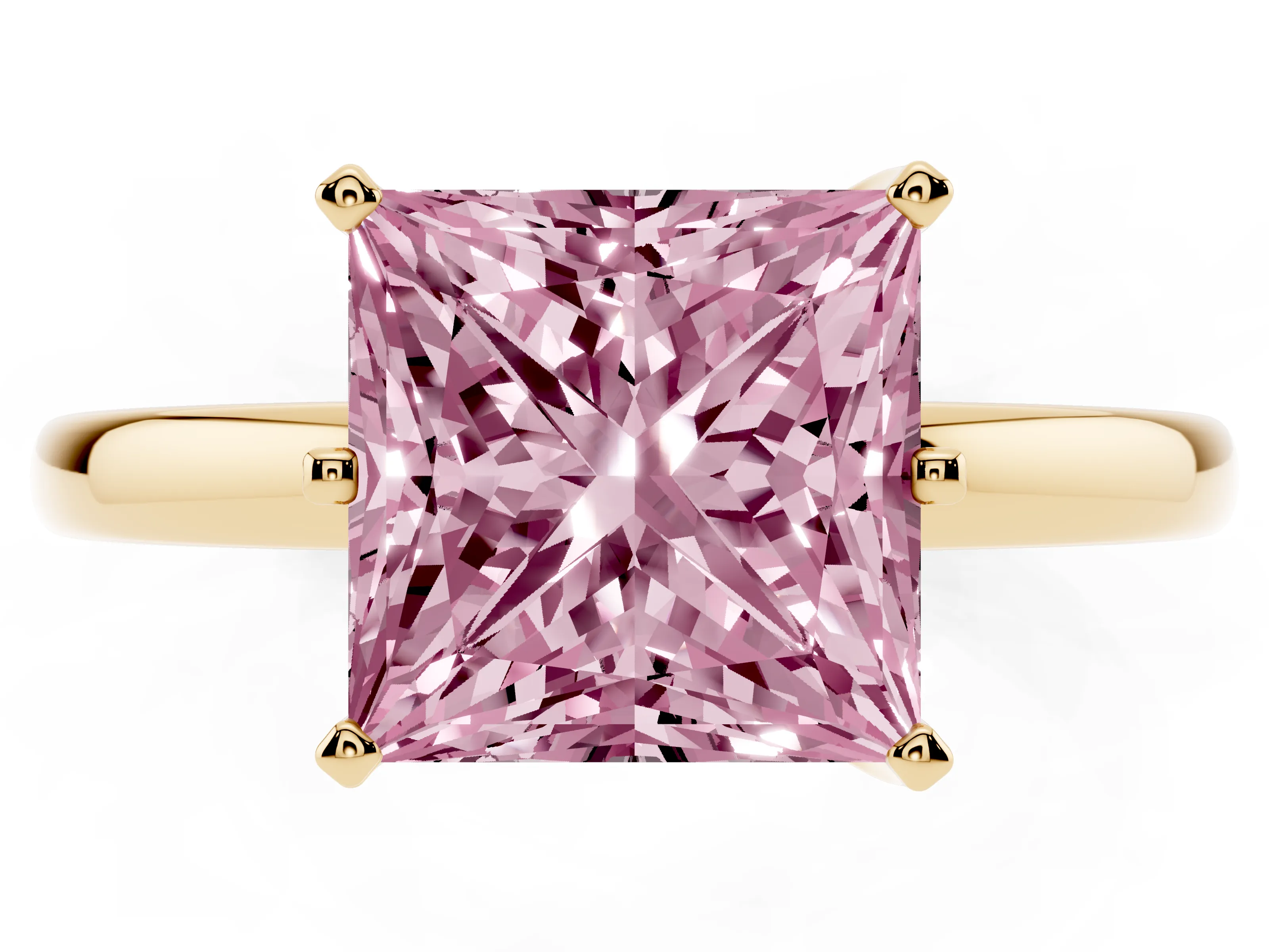 Fancy Pink Princess Cut Diamond Solitaire Ring Set in Yellow gold with Raised Prong Setting on a Classic Band