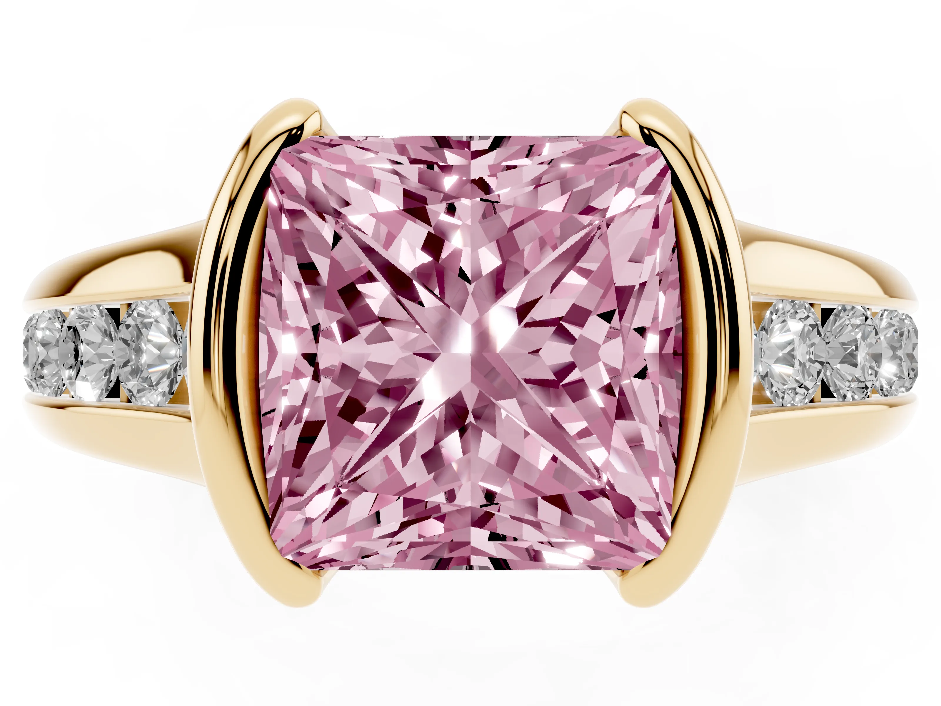 Fancy Pink Princess Cut Diamond Bezel-Set Solitaire Ring Set in Yellow gold with Channel-Set Band