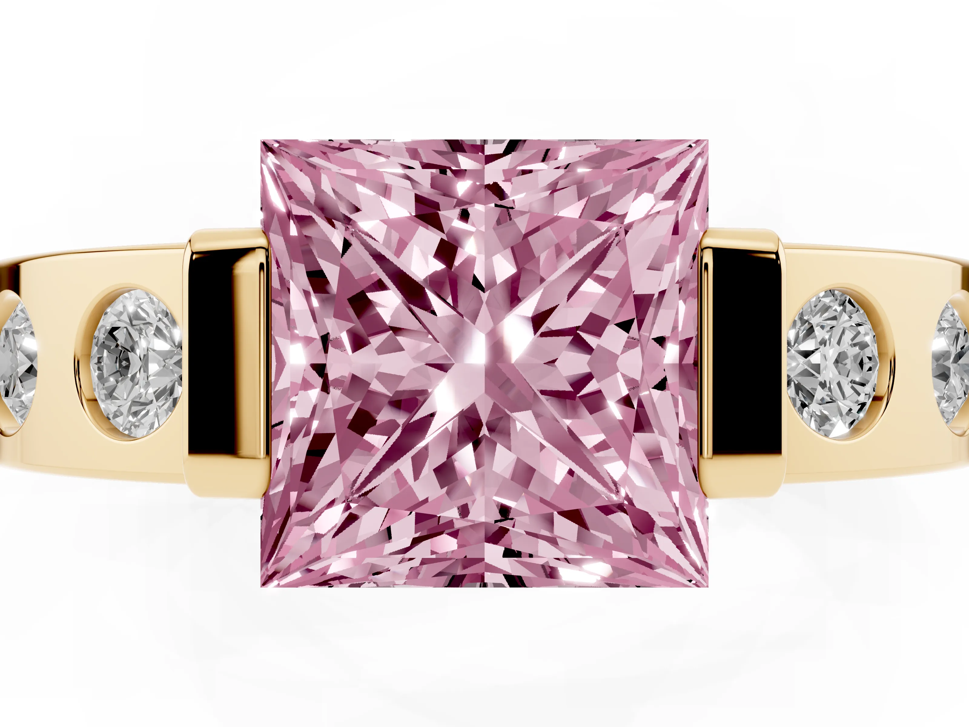 Fancy Pink Princess Cut Diamond Channel-Set Band Ring Set in Yellow gold with Bezel Prong Setting