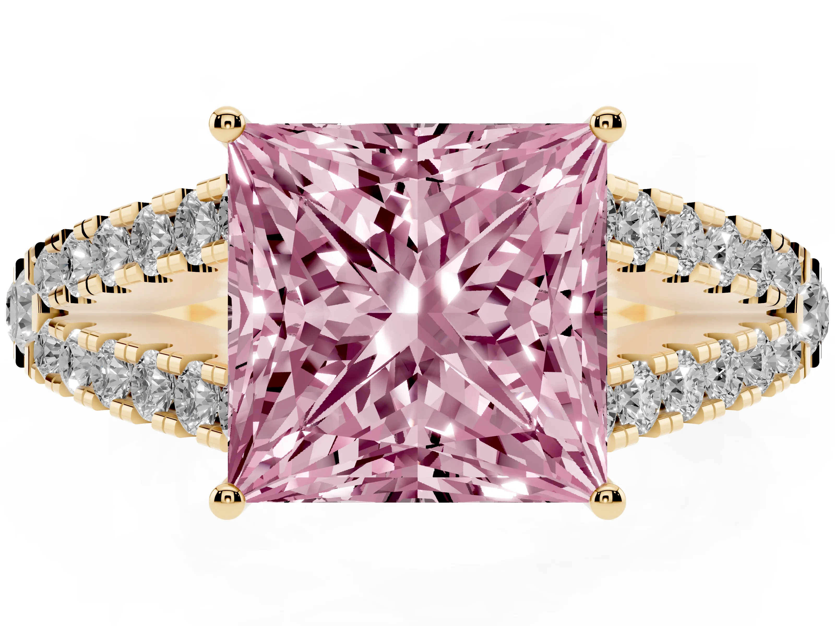 Fancy Pink Princess Cut Diamond Split Shank Pavé Engagement Ring Set in Yellow gold with Prong-Held Center Stone