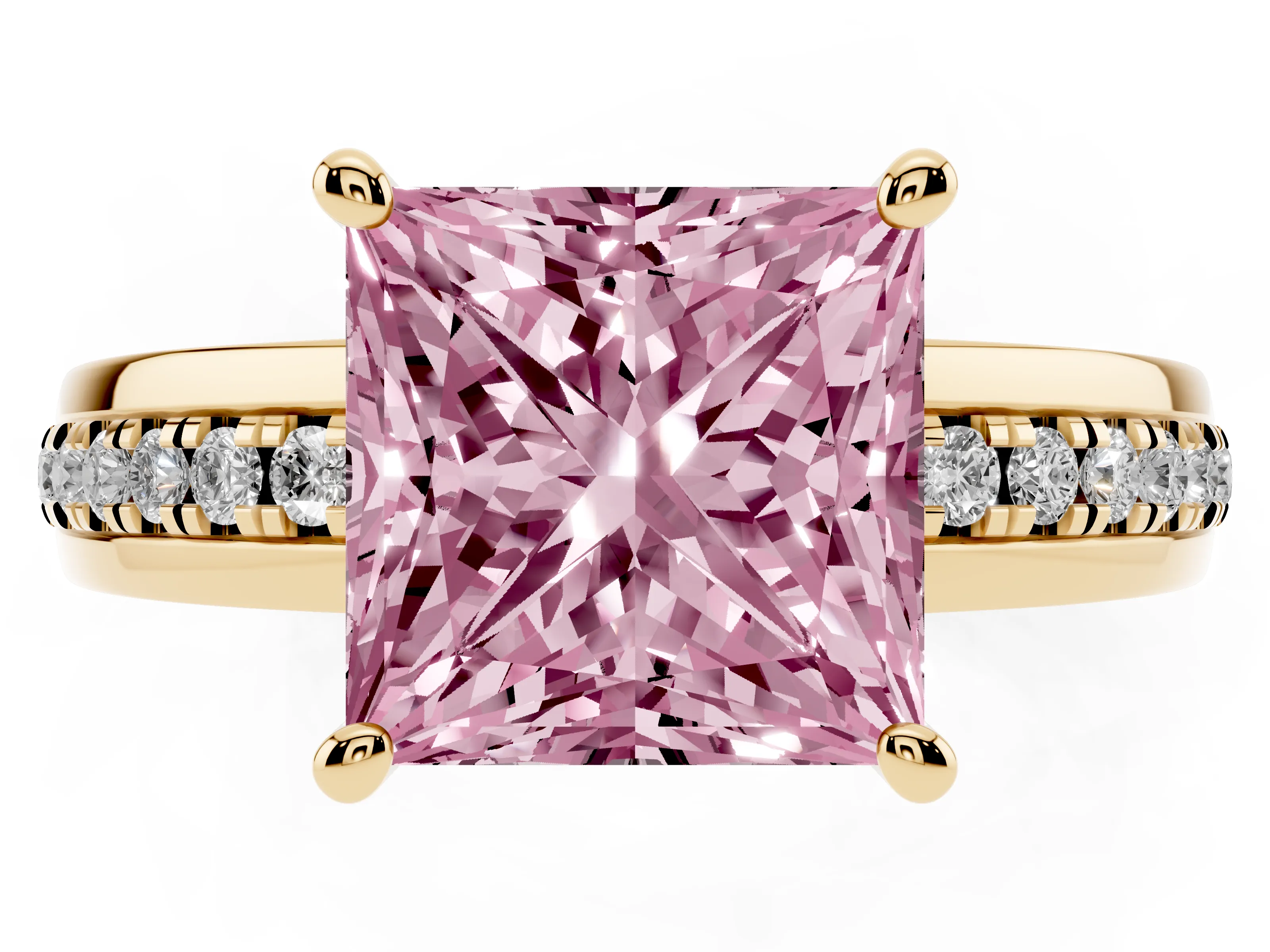 Fancy Pink Princess Cut Diamond Solitaire Ring Set in Yellow gold with Channel Set Band and Prong Setting