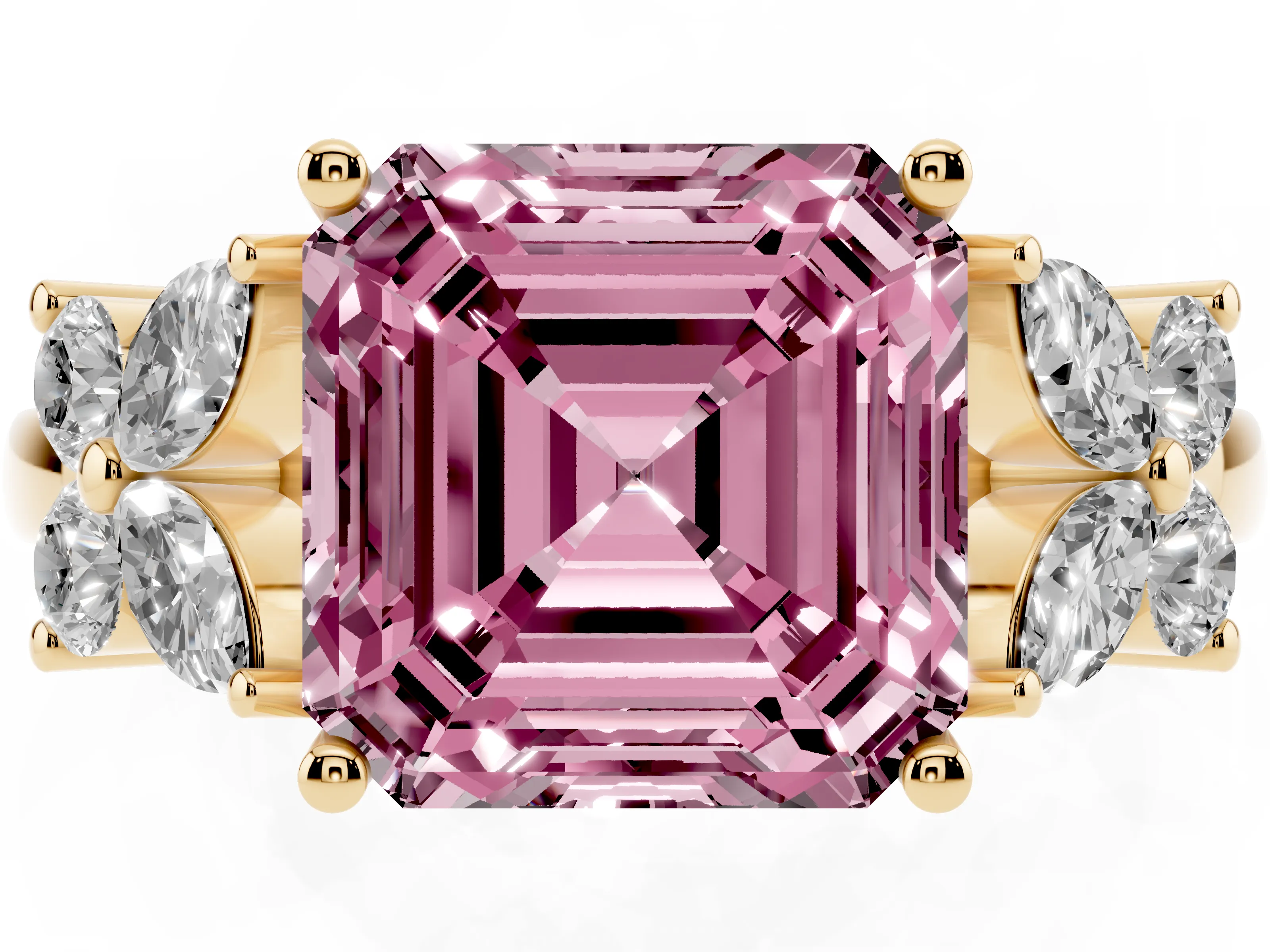 Fancy Pink Princess Cut Diamond Floral Cluster Ring Set in Yellow gold with Marquise Petals and Prong Setting