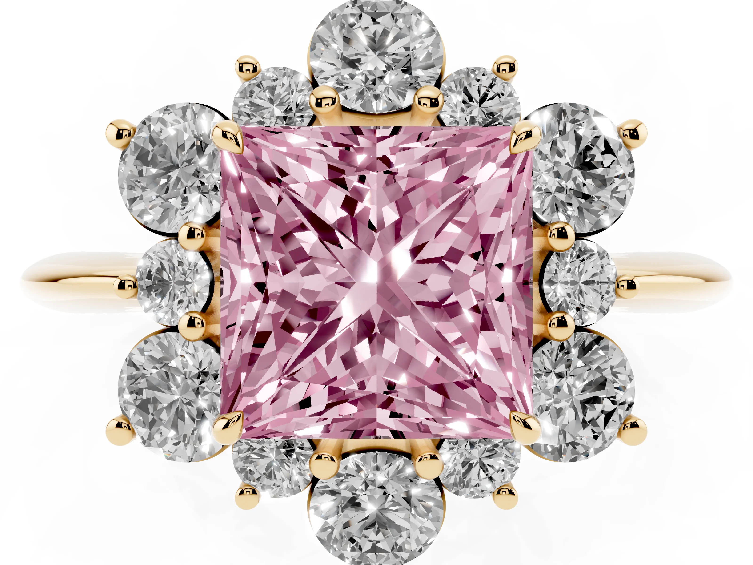 Fancy Pink Princess Cut Diamond Cluster Halo Ring Set in Yellow gold with Solitaire Band and Prong Setting