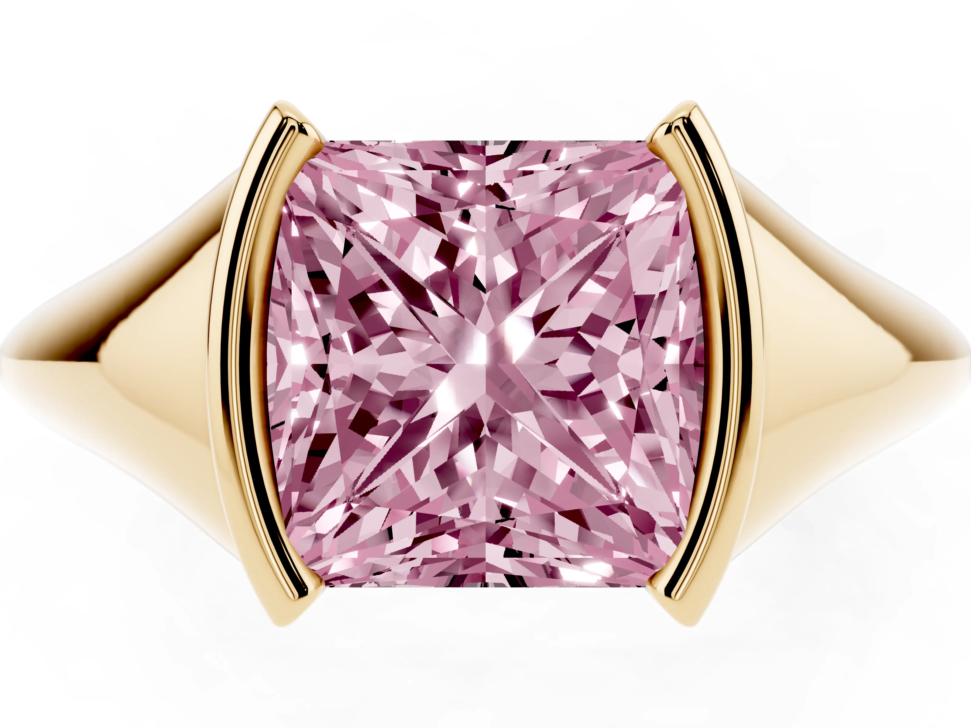 Fancy Pink Princess Cut Diamond Solitaire Tension Set Ring Set in Yellow gold
