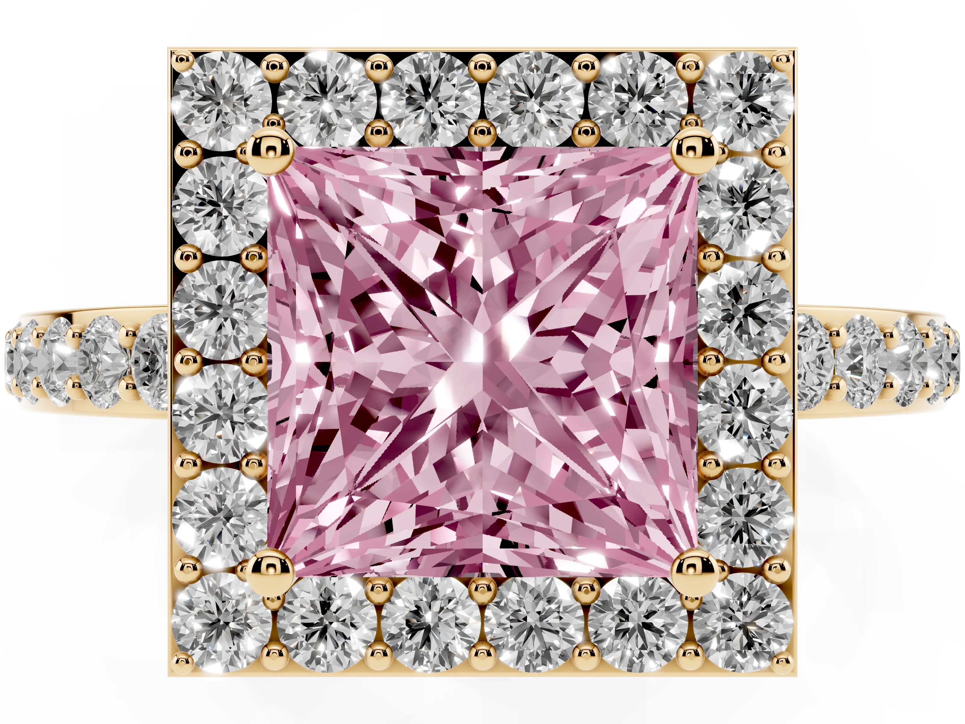 Fancy Pink Princess Cut Diamond Halo Ring Set in Yellow gold with Pavé-Setting Band and Open Prong Center
