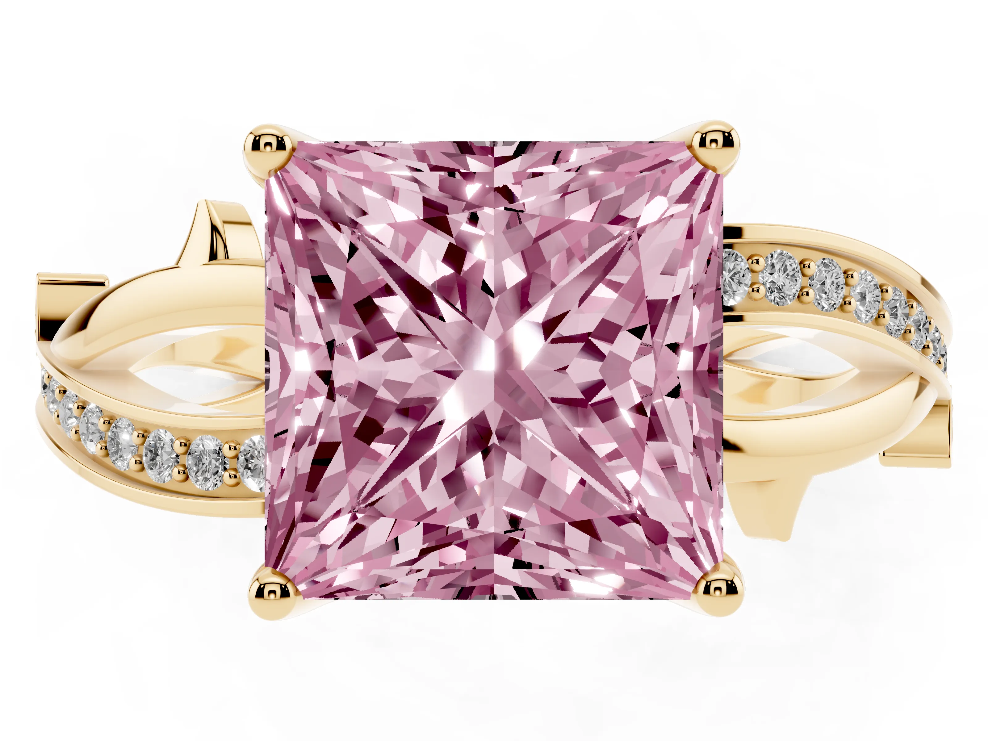 Fancy Pink Princess Cut Diamond Pavé Twist Band Solitaire Ring Set in Yellow gold with Prong Setting