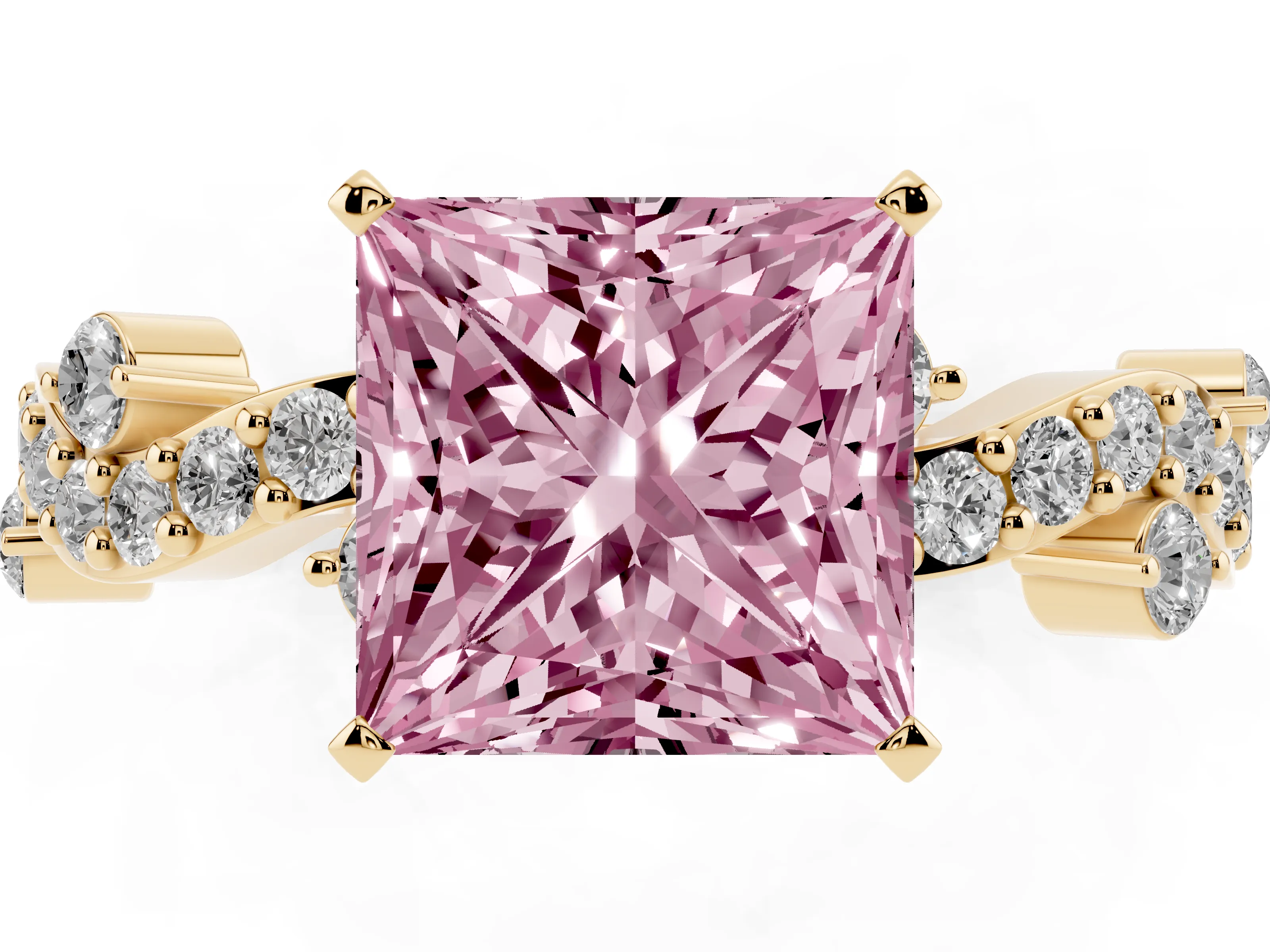 Fancy Pink Princess Cut Diamond Solitaire Twisted Band Set in Yellow gold with Pavé Setting
