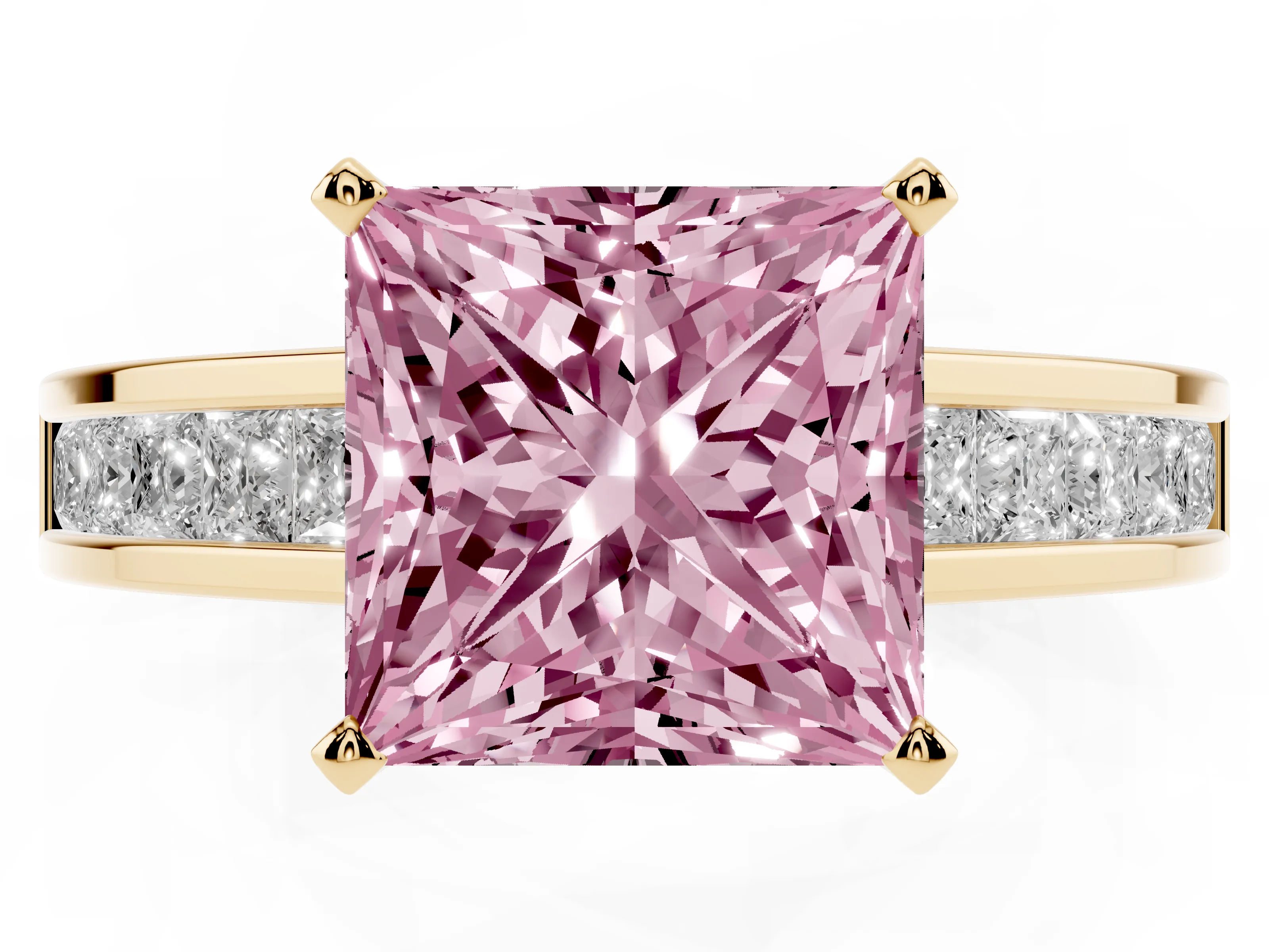Fancy Pink Princess Cut Diamond Solitaire Ring Set in Yellow gold with Channel-Set Band and Prong Setting