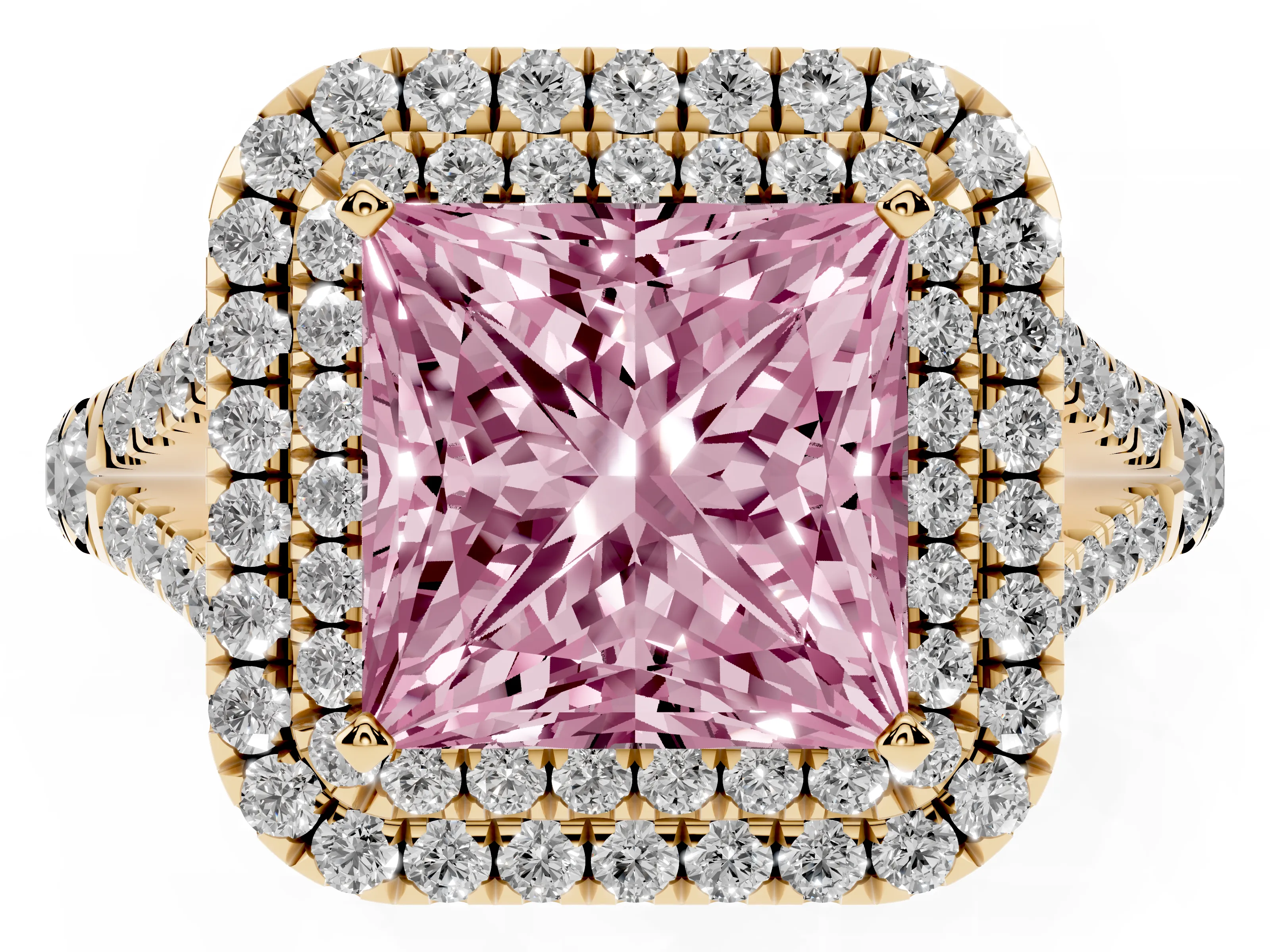 Fancy Pink Princess Cut Diamond Pavé Split Shank Double Halo Engagement Ring Set in Yellow gold