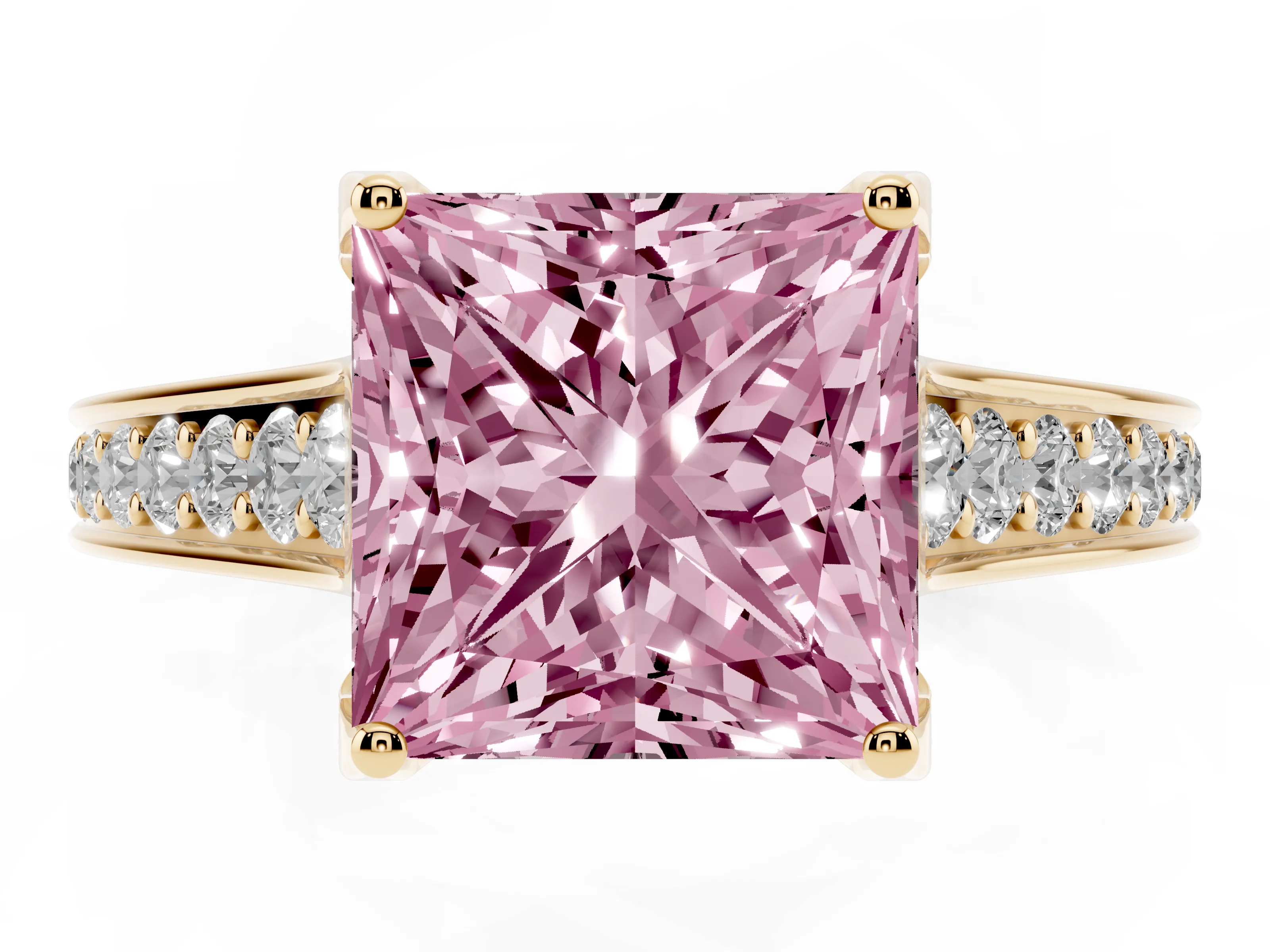 Fancy Pink Princess Cut Diamond Solitaire Pavé Engagement Ring Set in Yellow gold with Prong Setting
