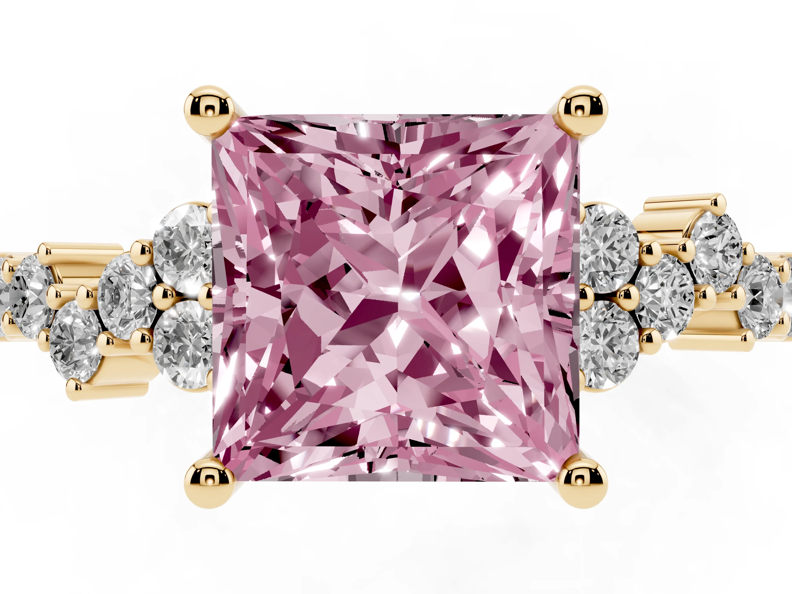 Fancy Pink Princess Cut Diamond Ring Set in Yellow gold with Scattered Round Accents