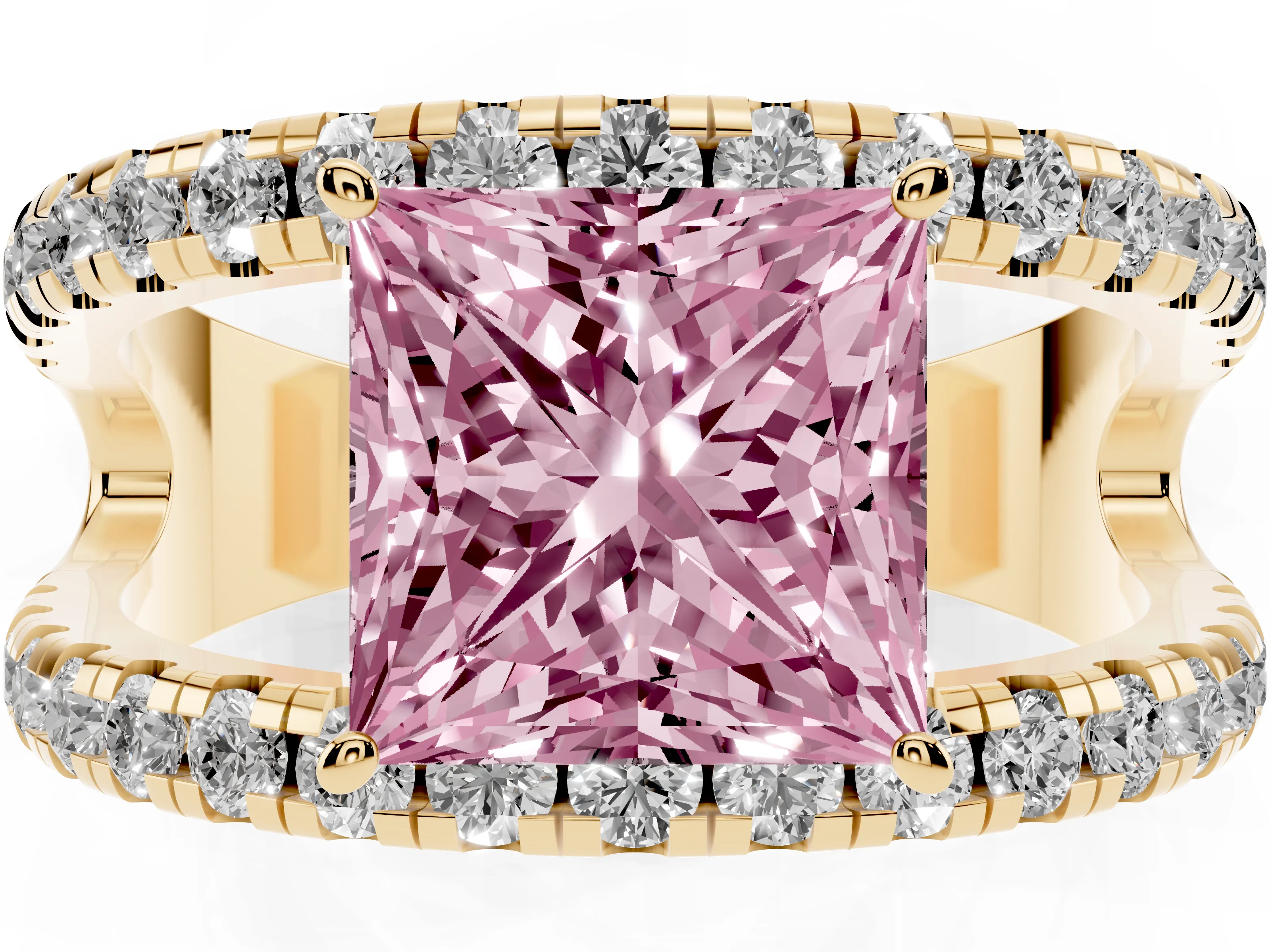 Fancy Pink Princess Cut Diamond Split Shank Pavé Solitaire Ring Set in Yellow gold with Open Shank Design
