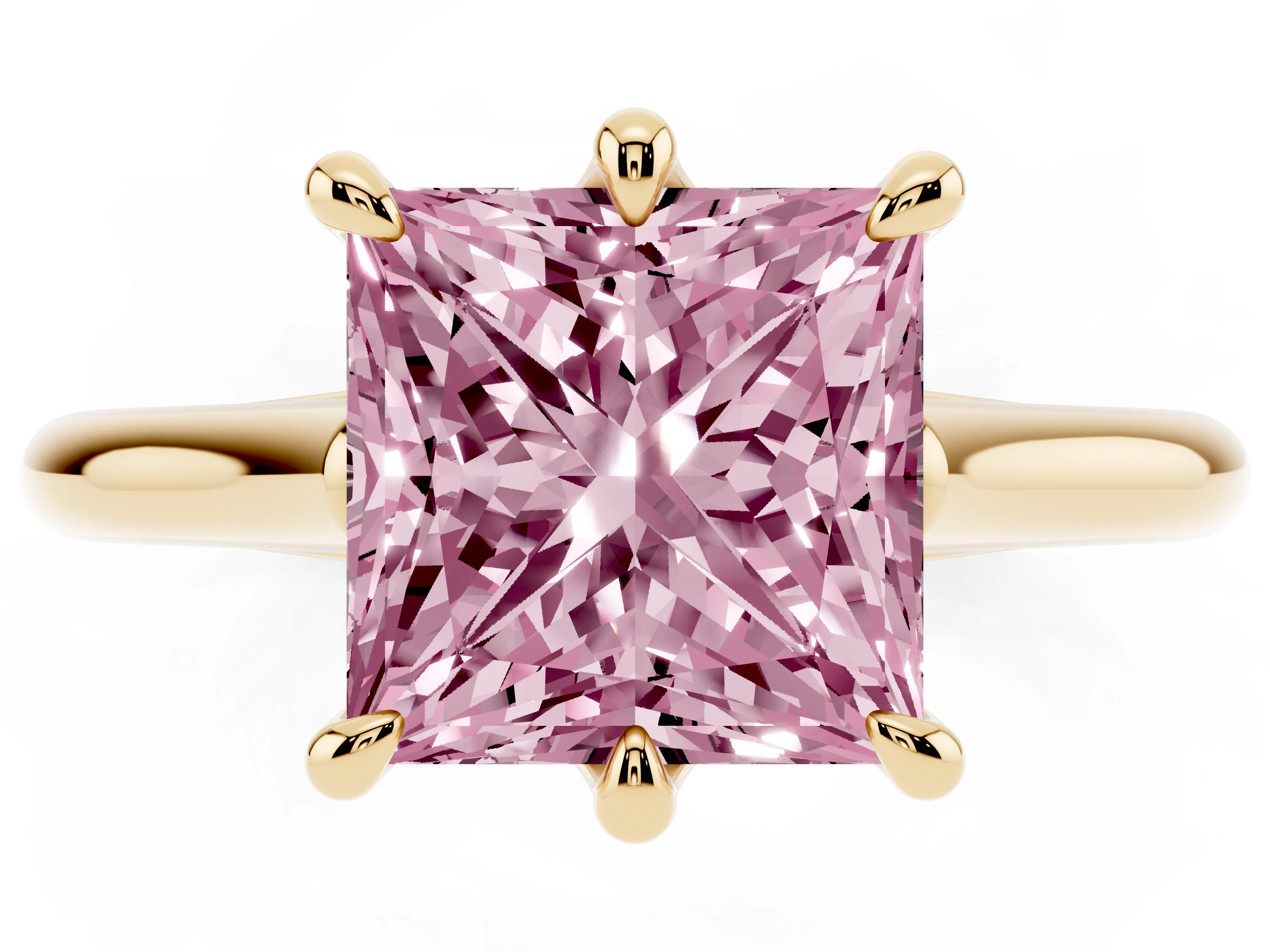 Fancy Pink Princess Cut Diamond Solitaire Engagement Ring Set in Yellow gold with Prong Setting and Plain Classic Band