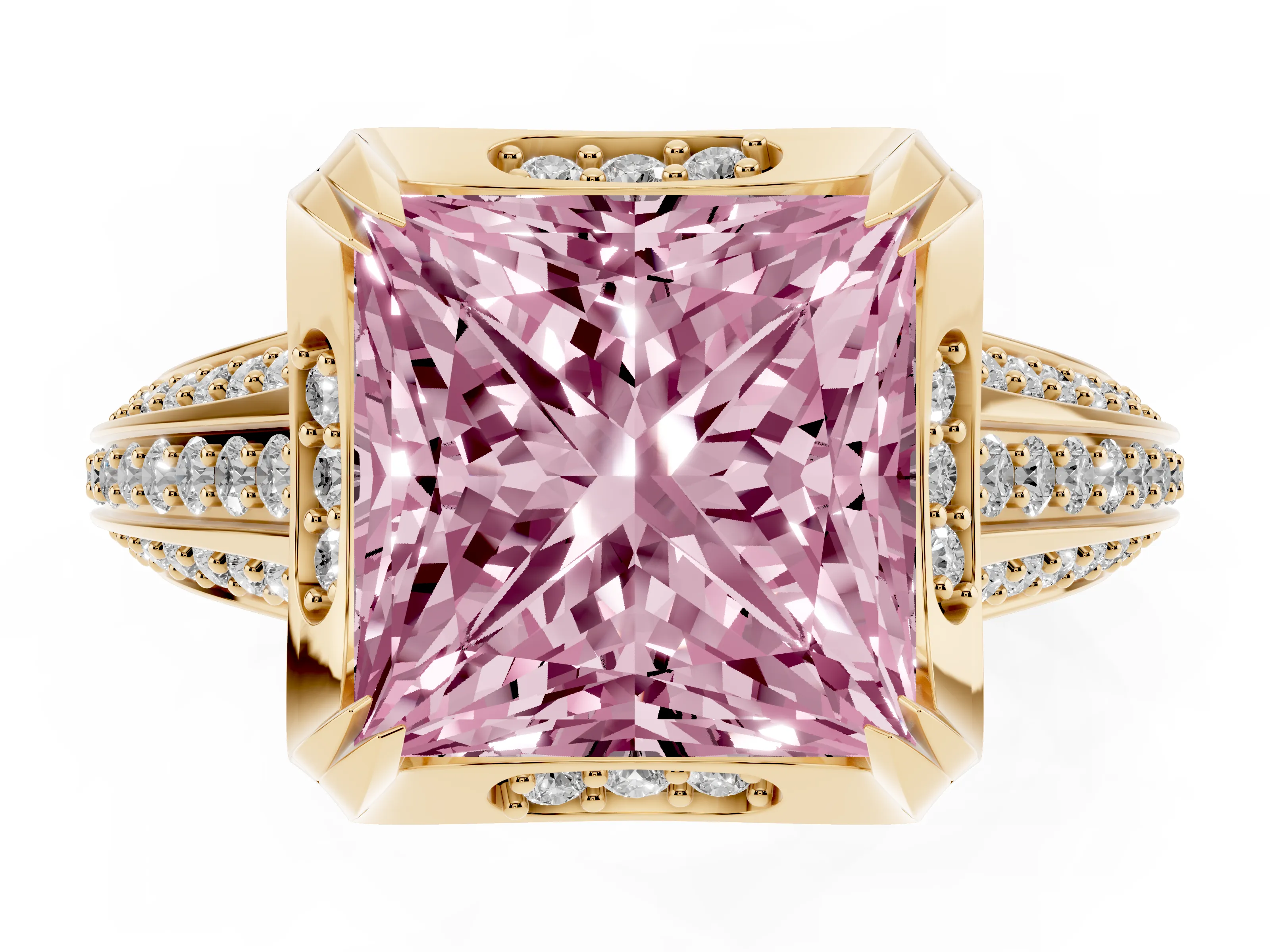 Fancy Pink Princess Cut Diamond Pavé Split Shank Solitaire Ring Set in Yellow gold with Prong Setting