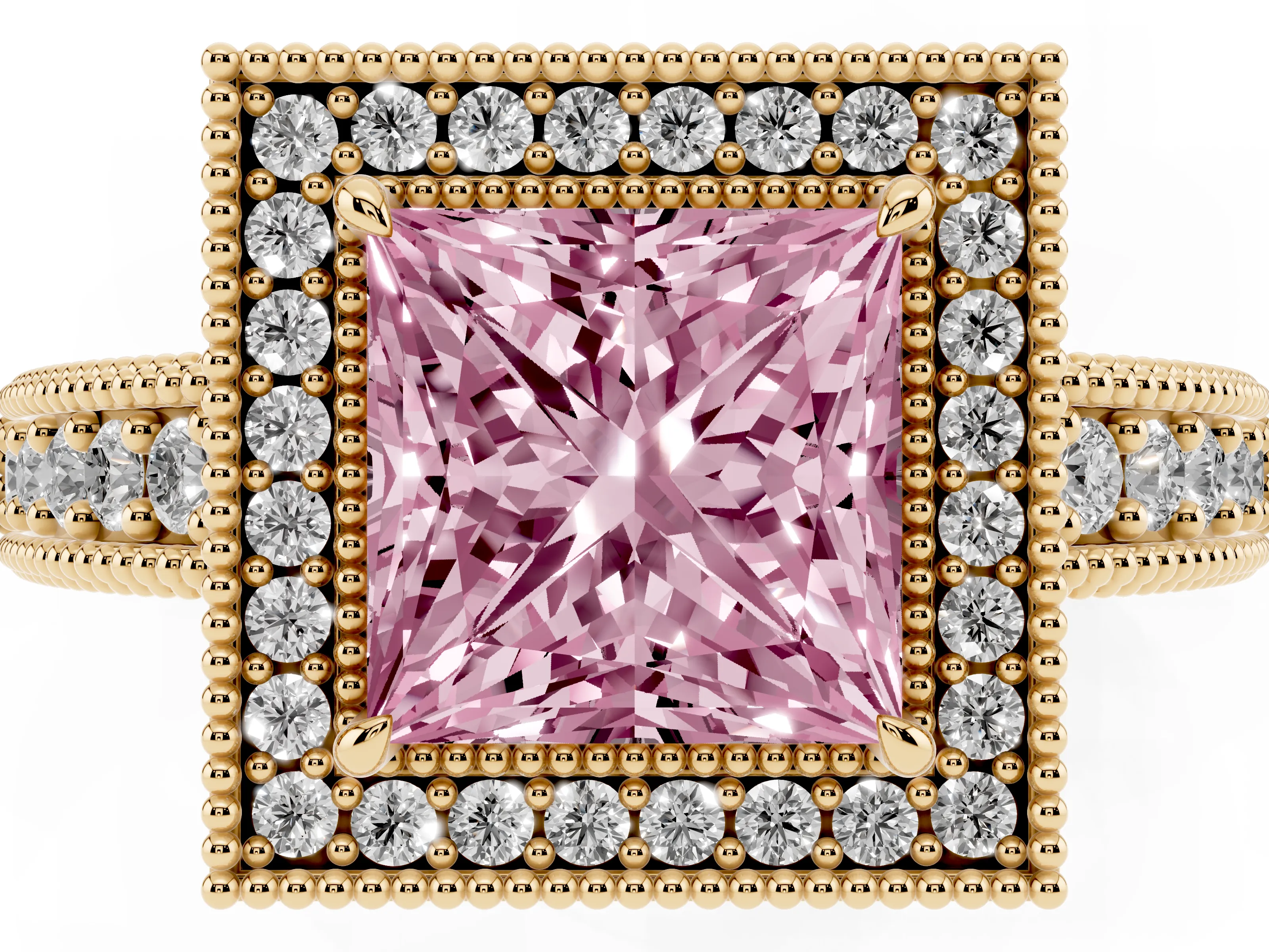 Fancy Pink Princess Cut Diamond Halo Ring Set in Yellow gold with Round Accent Halo, Pavé Band and Prong Setting