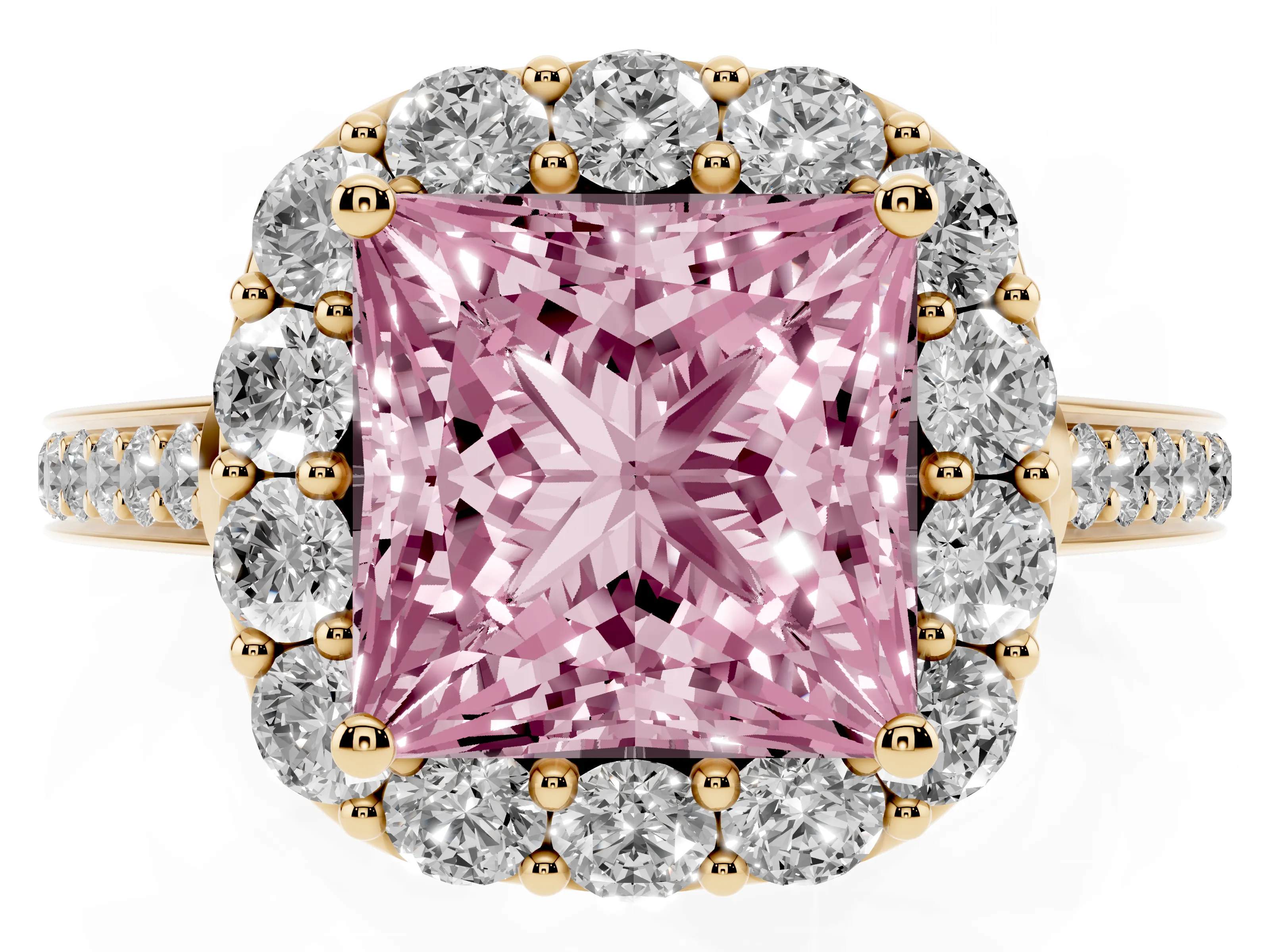 Fancy Pink Princess Cut Diamond Floral Halo Ring Set in Yellow gold with Pavé Band and Prong Setting