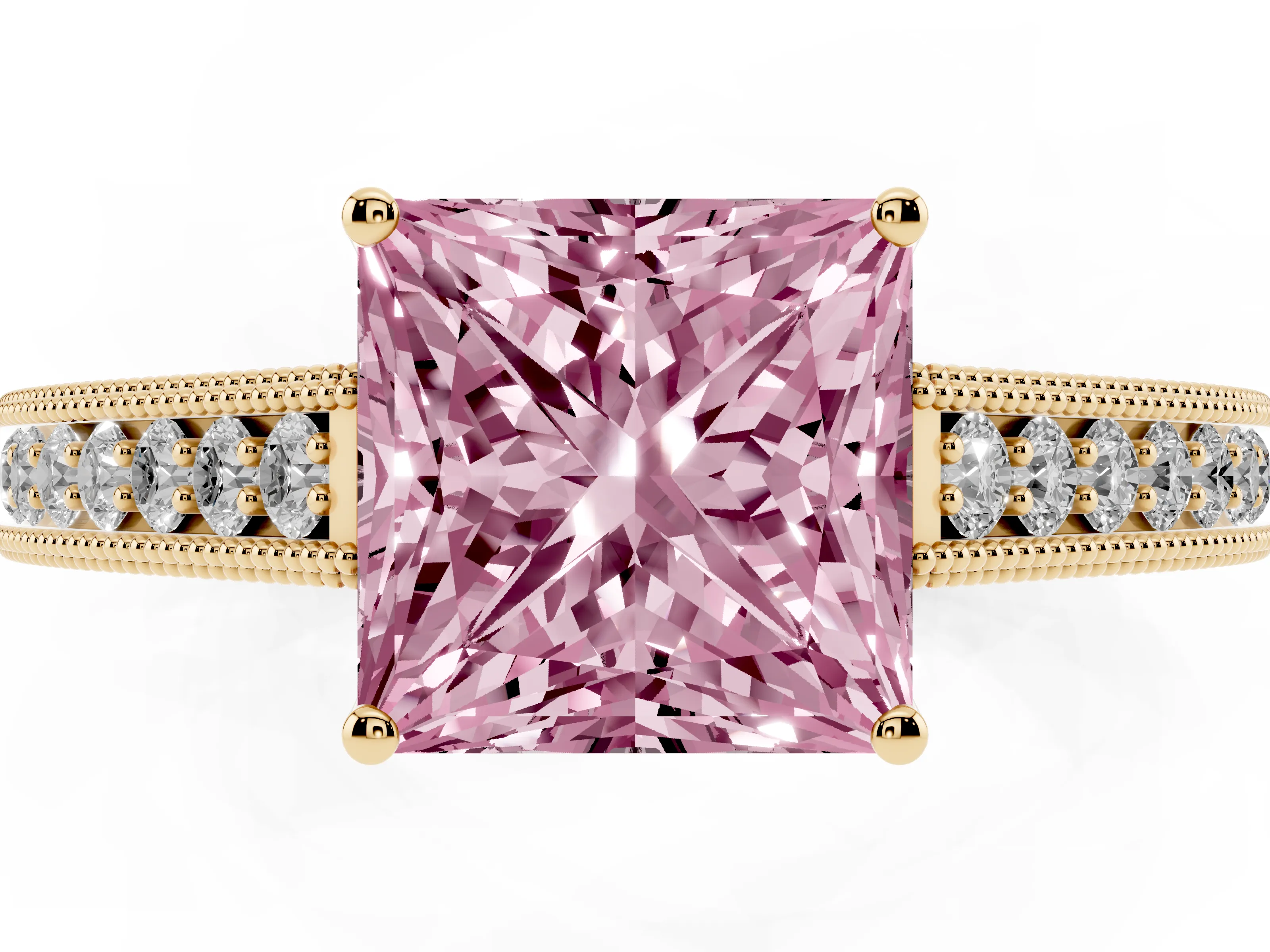 Fancy Pink Princess Cut Diamond Milgrain Pavé Band Solitaire Ring Set in Yellow gold with Prong Setting