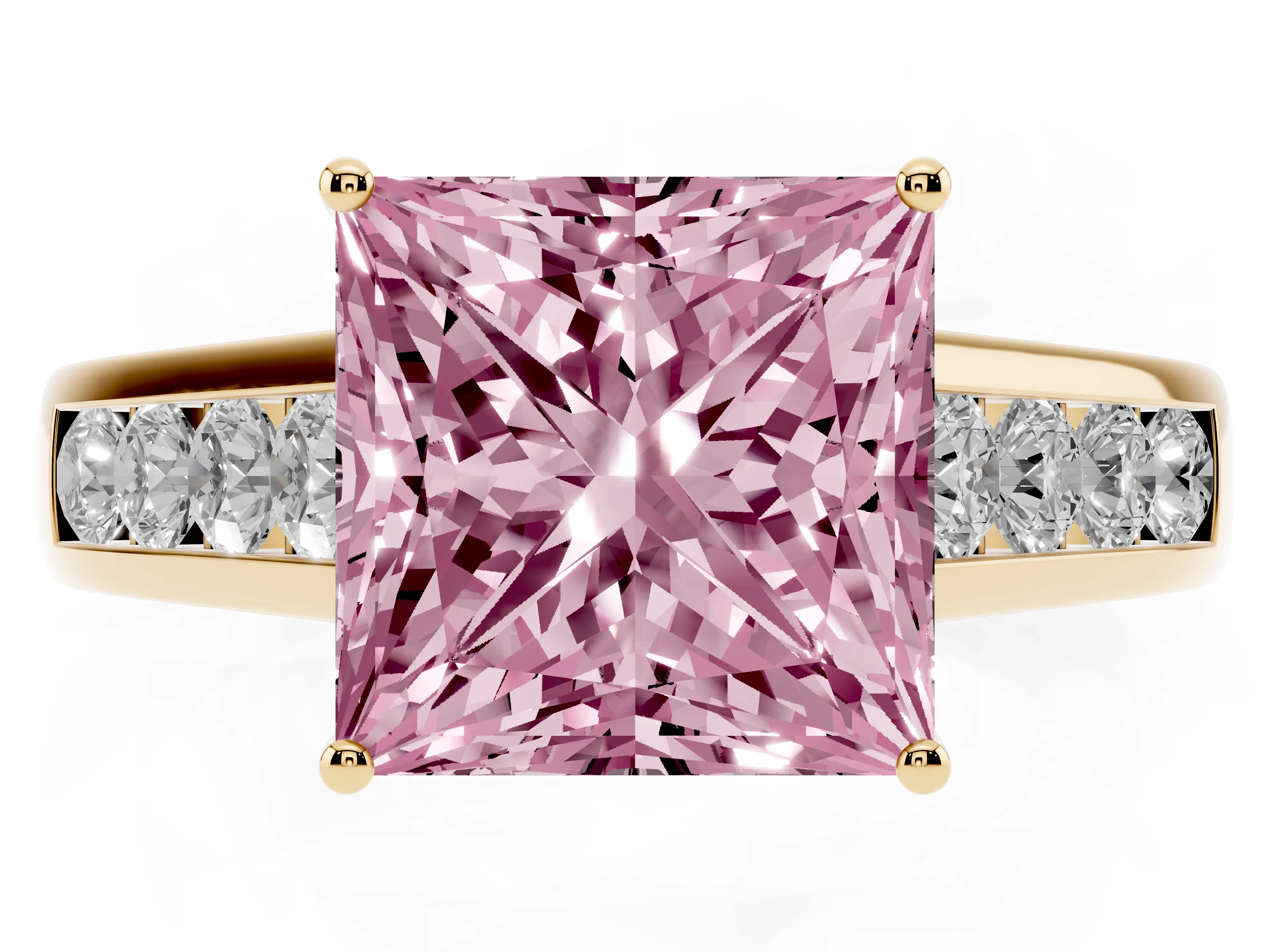 Fancy Pink Princess Cut Diamond Solitaire Channel-Set Engagement Ring Set in Yellow gold with Prong Setting