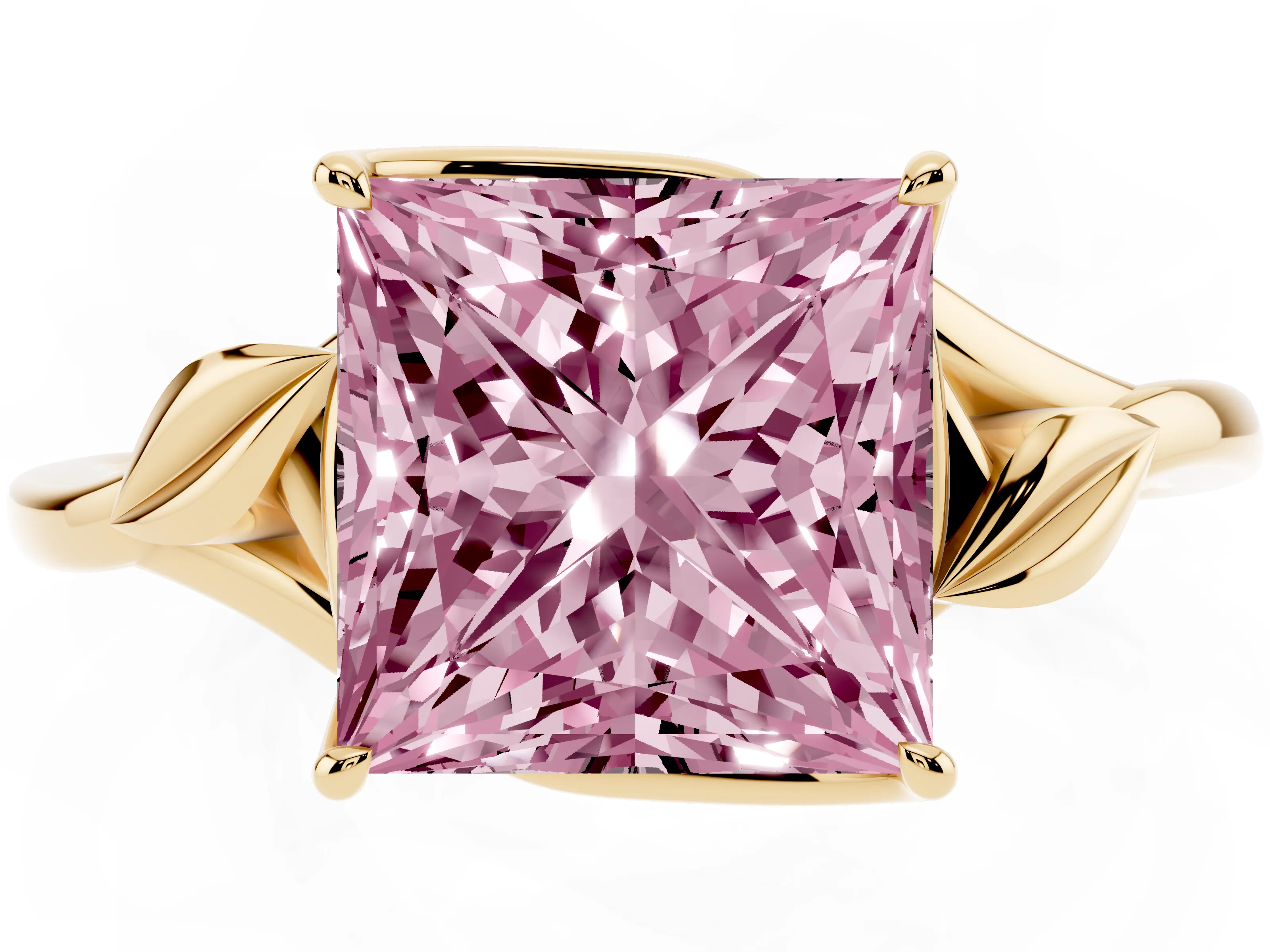Fancy Pink Princess Cut Diamond Solitaire Ring Set in Yellow gold with Polished Twist Band