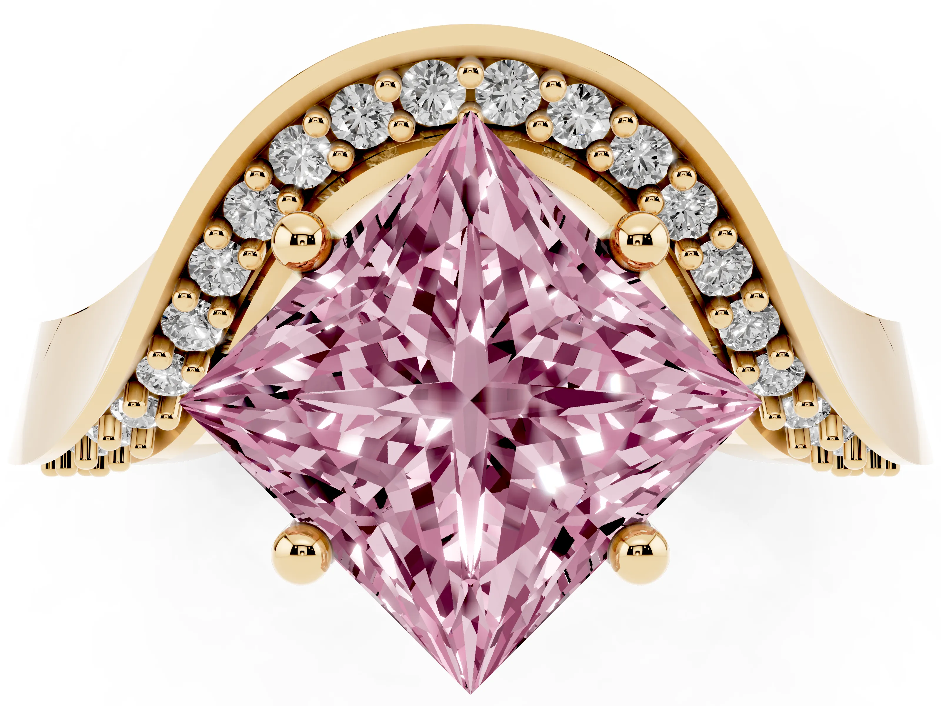 Fancy Pink Princess Cut Diamond Solitaire Engagement Ring Set in Yellow gold with Pavé Shoulders