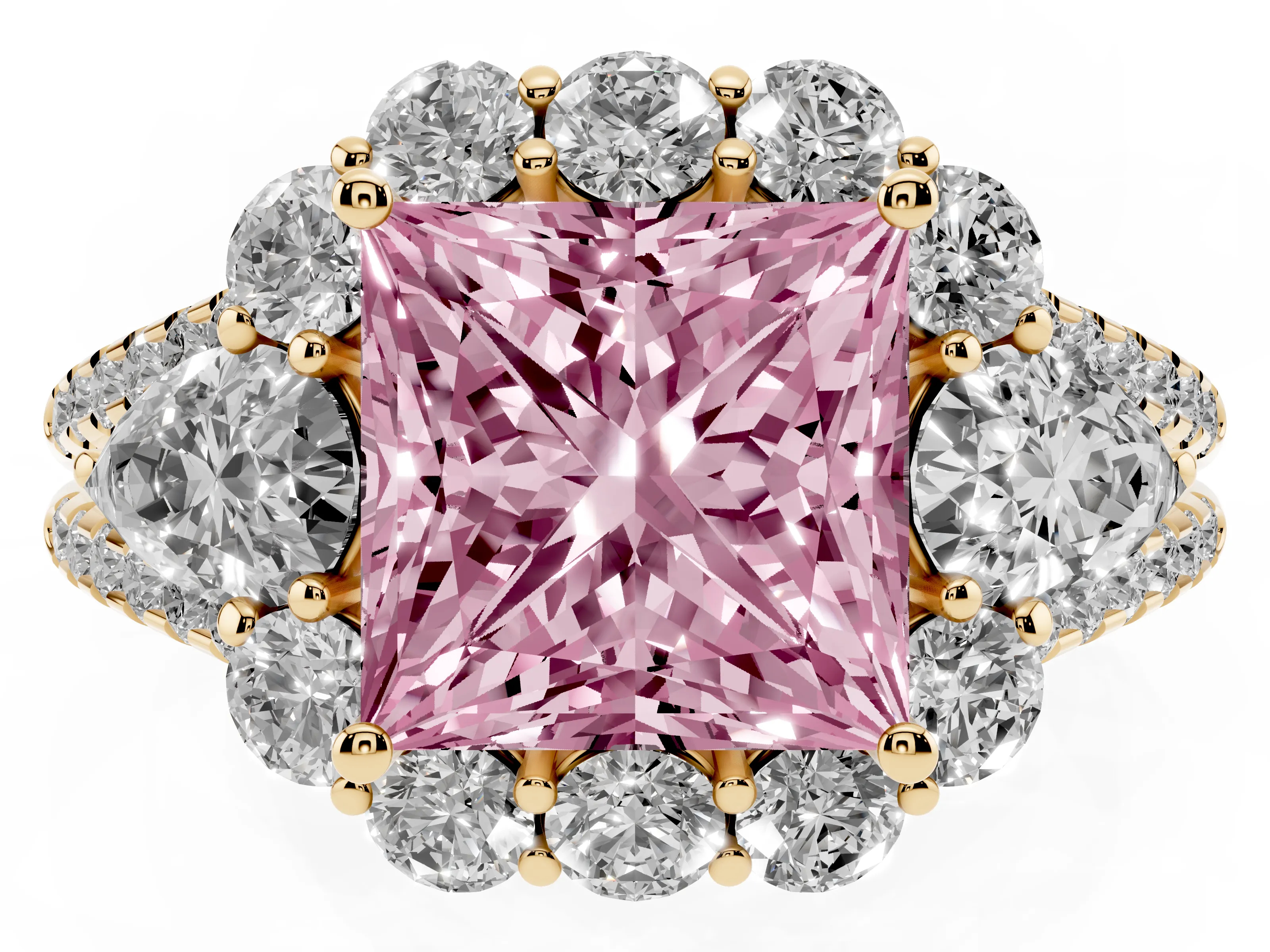 Fancy Pink Princess Cut Diamond Halo Split Shank Engagement Ring Set in Yellow gold with Prong-Held Center Stone