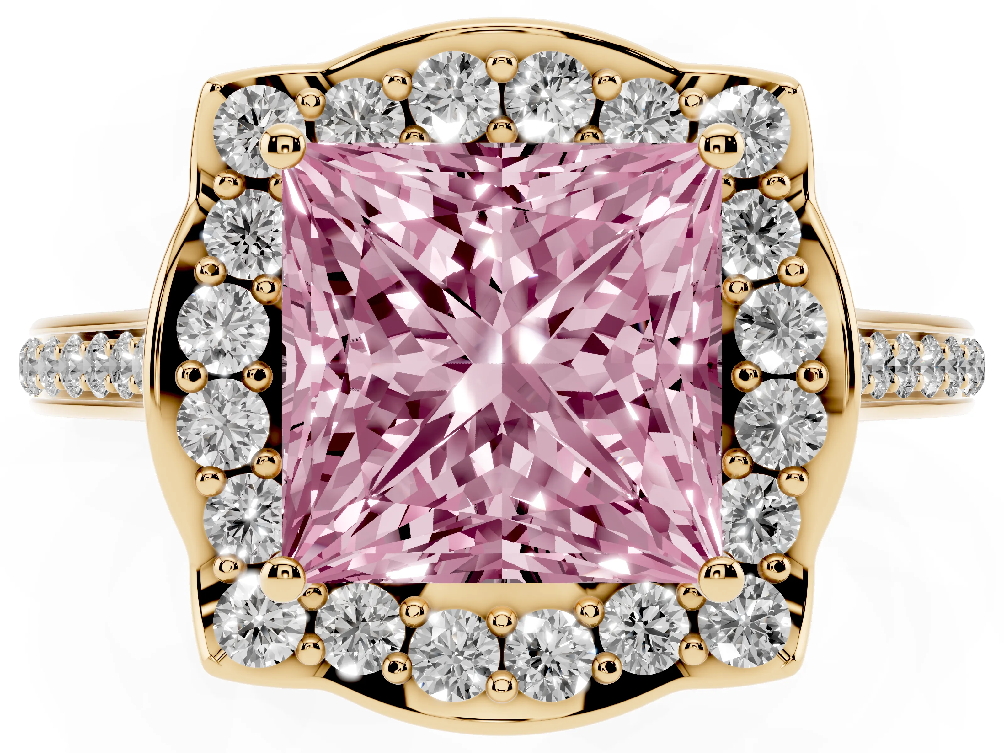 Fancy Pink Princess Cut Diamond Halo Ring Set in Yellow gold with Pavé-Lined Shoulders and Prong Setting