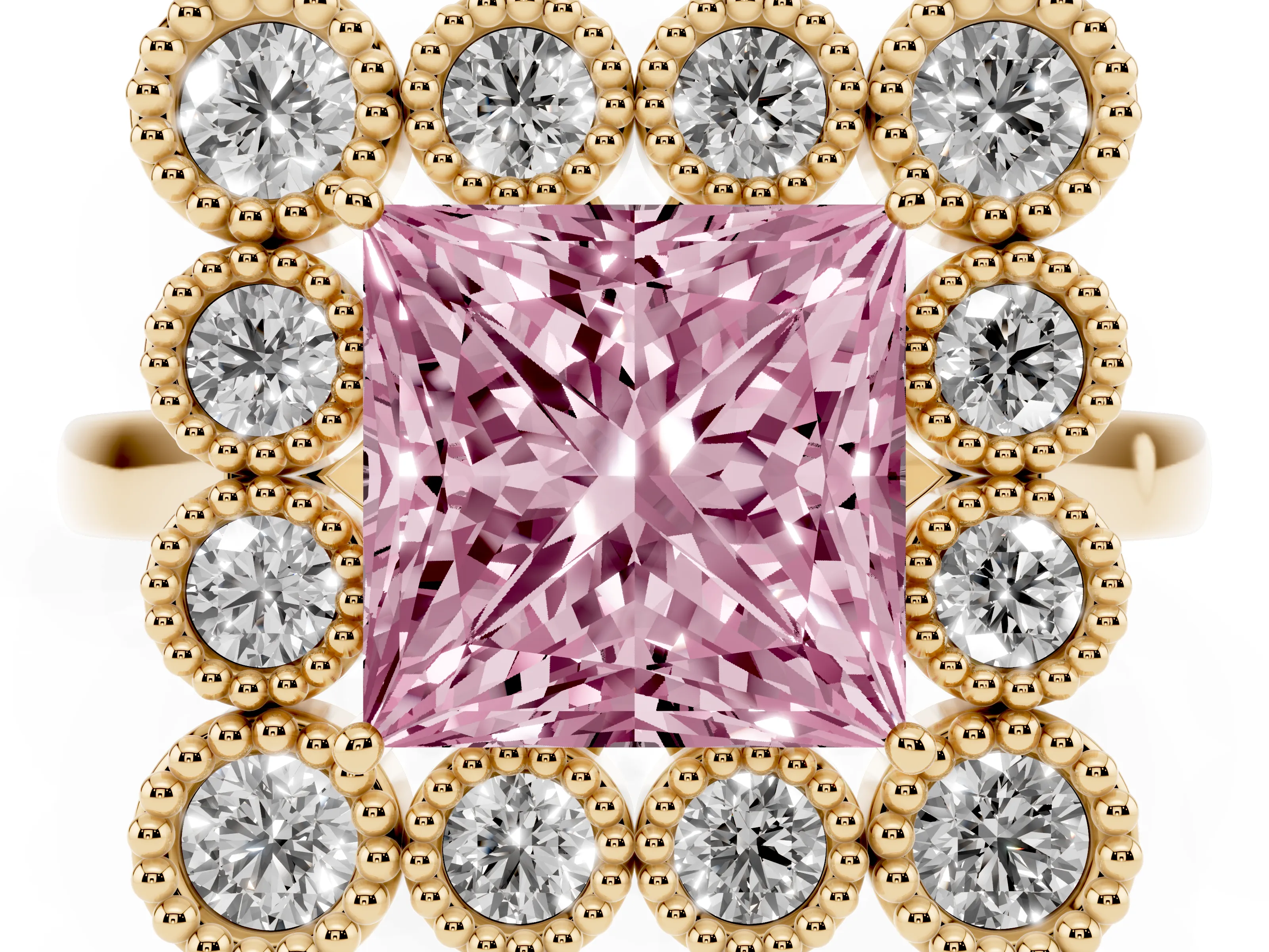 Fancy Pink Princess Cut Diamond Cluster Halo Ring Set in Yellow gold with Milgrain Bezel Accents and Plain Band