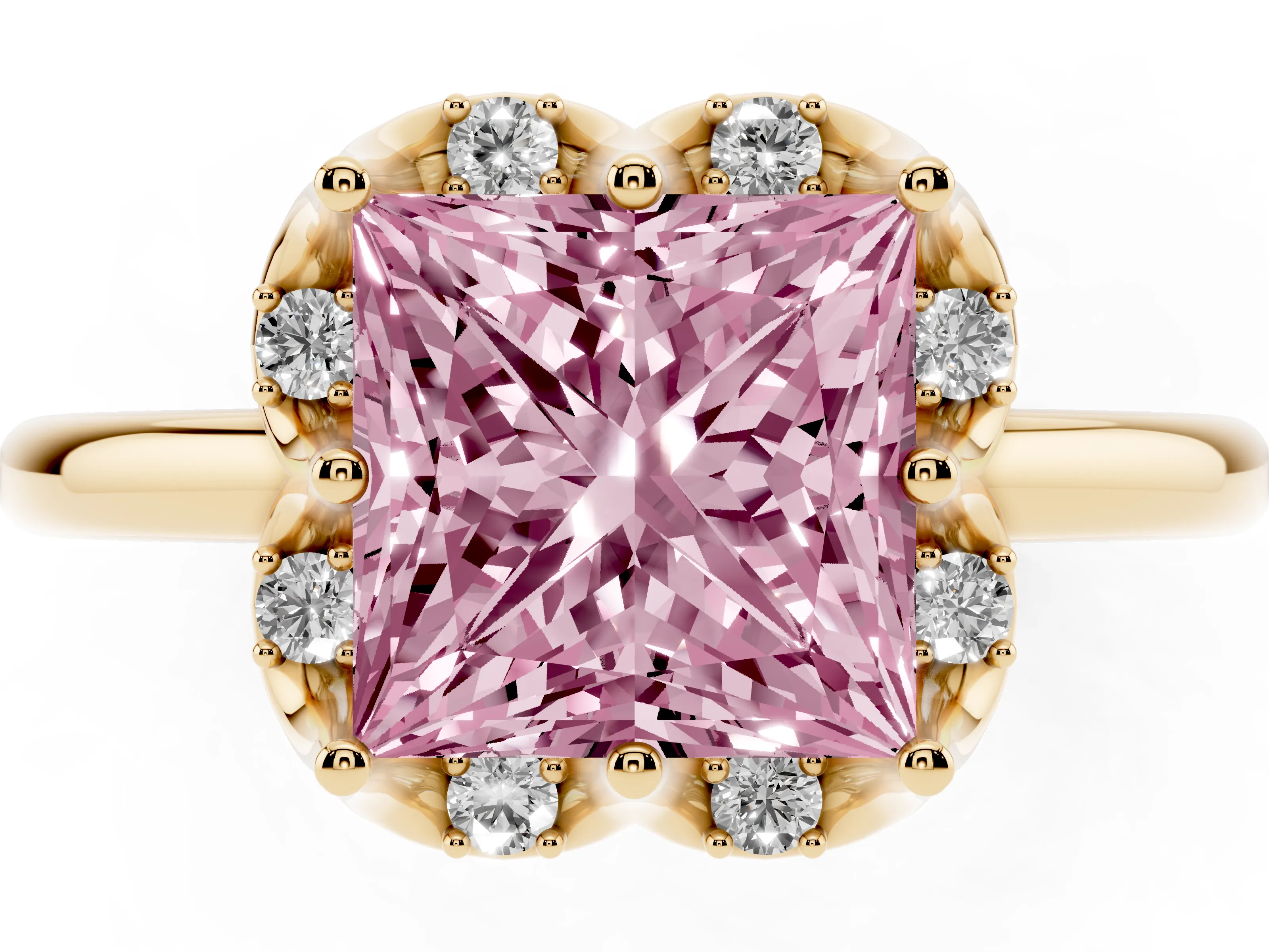 Fancy Pink Princess Cut Diamond Round Cluster Halo Ring Set in Yellow gold with Solitaire Band and Prong Setting