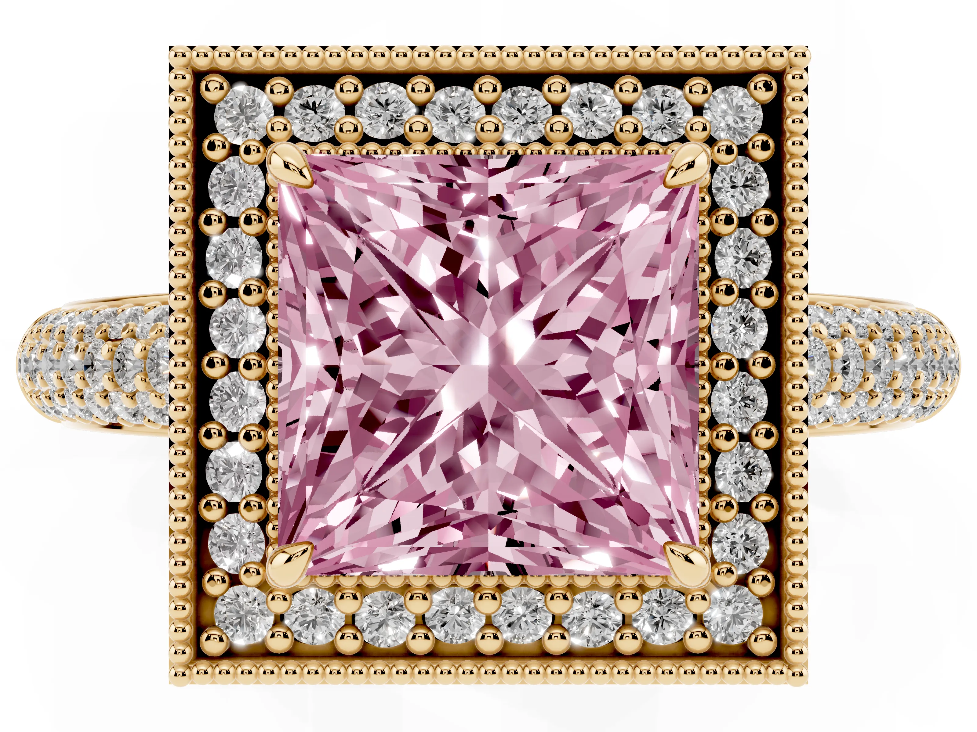 Fancy Pink Princess Cut Diamond Halo Pavé Band Set in Yellow gold with Prong Setting