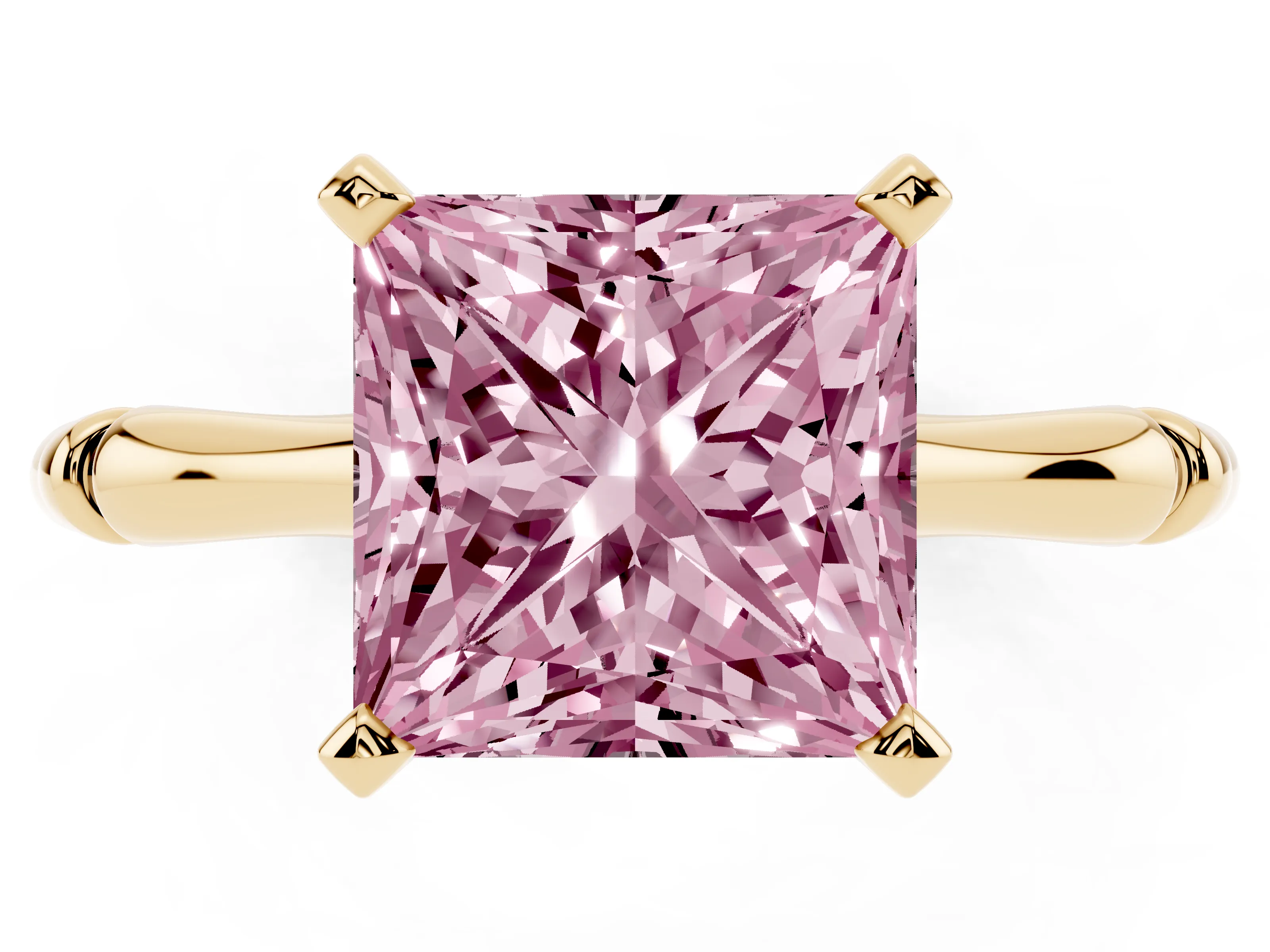Fancy Pink Princess Cut Diamond Solitaire Ring Set in Yellow gold with Bamboo Band and Prong Setting