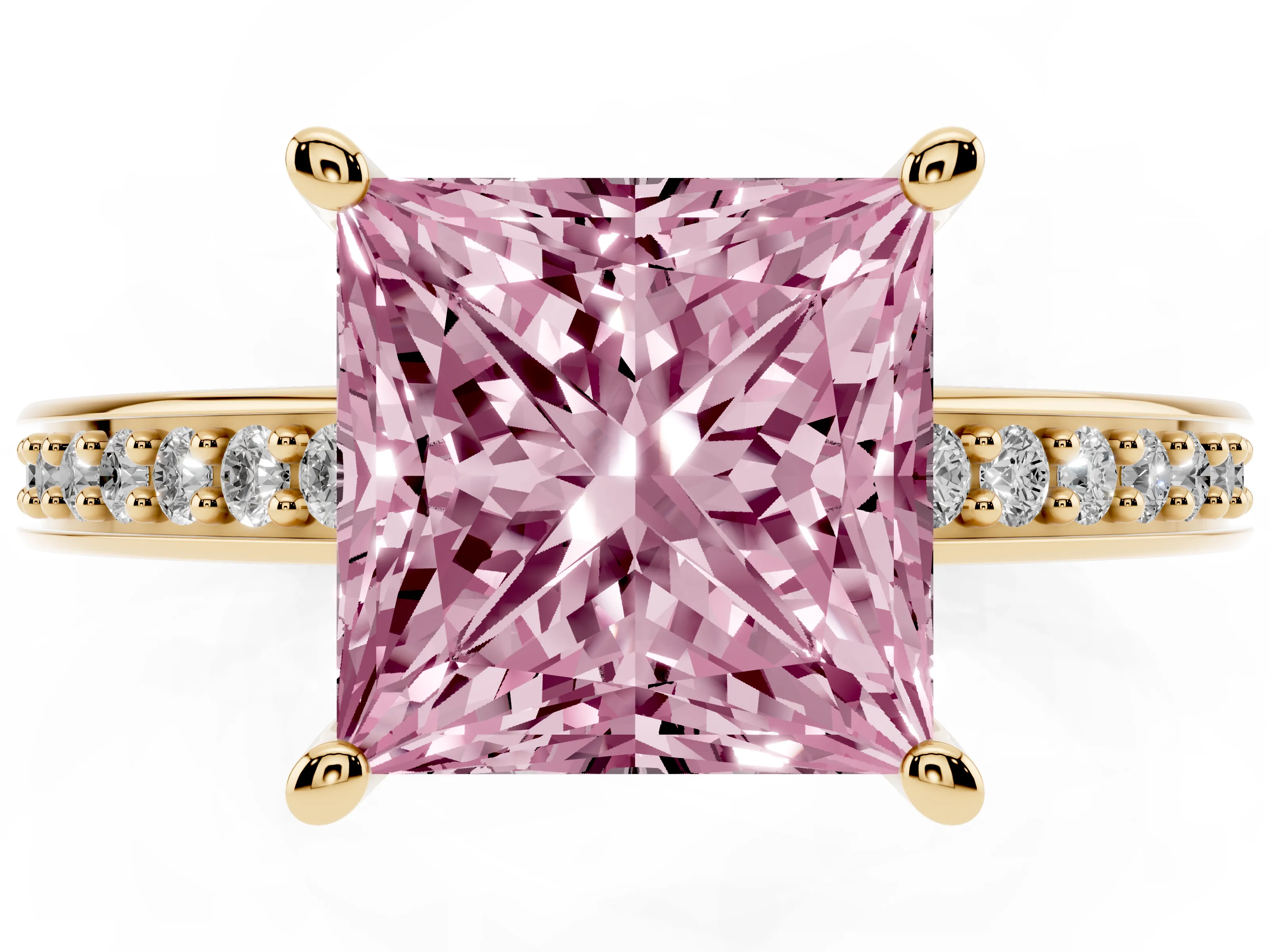 Fancy Pink Princess Cut Diamond Pavé Band Prong Set Solitaire Ring Set in Yellow gold