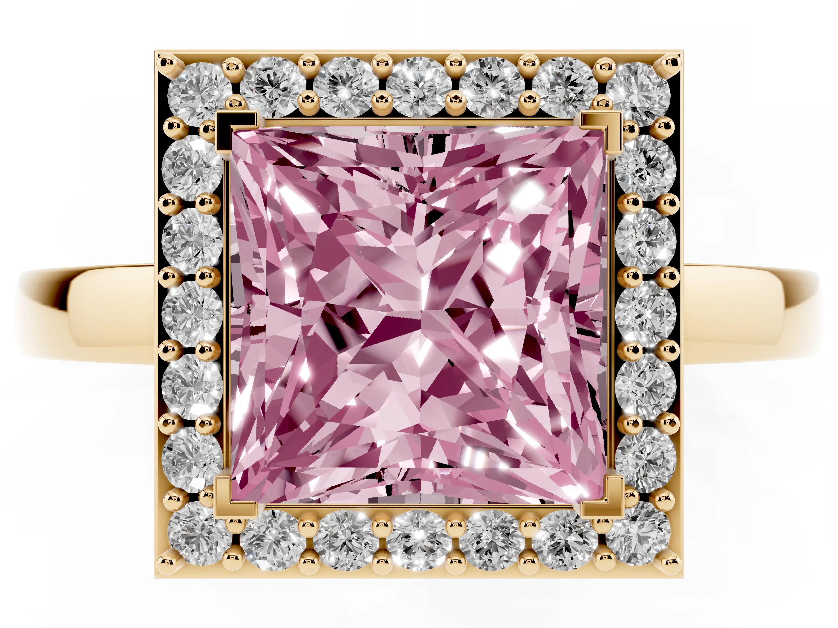 Fancy Pink Princess Cut Diamond Halo Ring Set in Yellow gold with Solitaire Band and Prong Setting