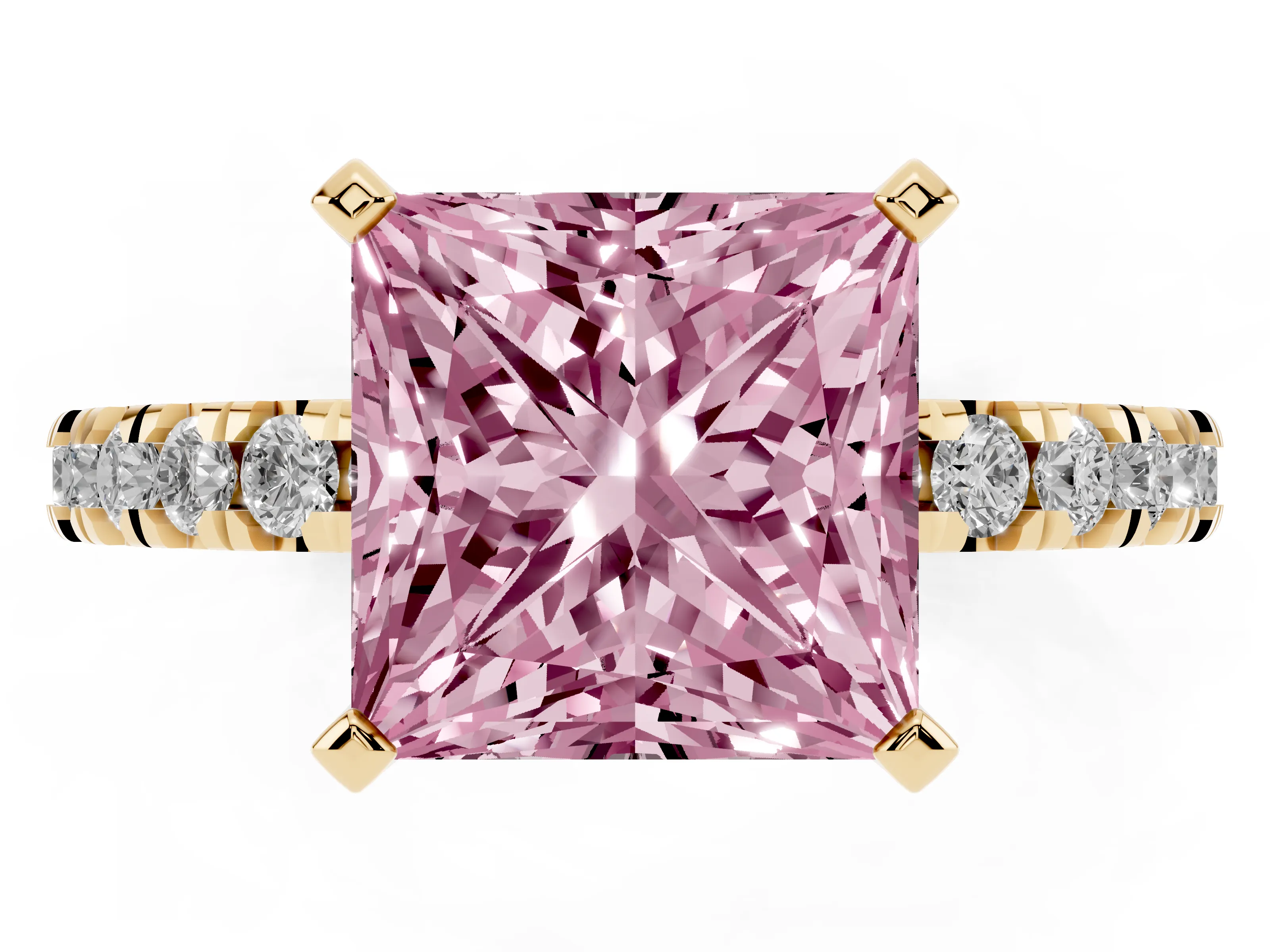 Fancy Pink Princess Cut Diamond Pavé Band Solitaire Set in Yellow gold with Prong Setting