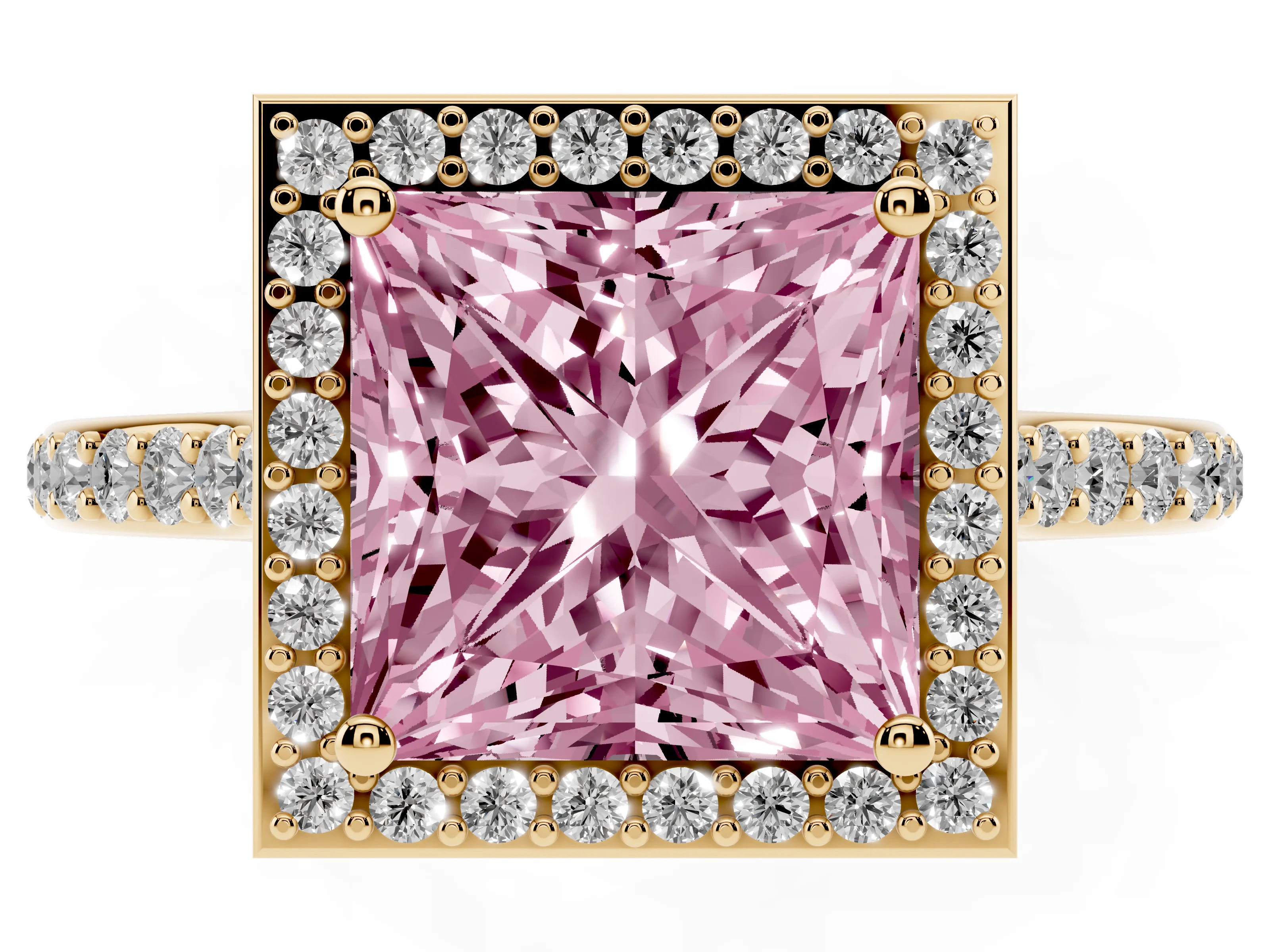 Fancy Pink Princess Cut Diamond Halo Engagement Ring Set in Yellow gold with Round Pavé Shoulders and Heart Gallery