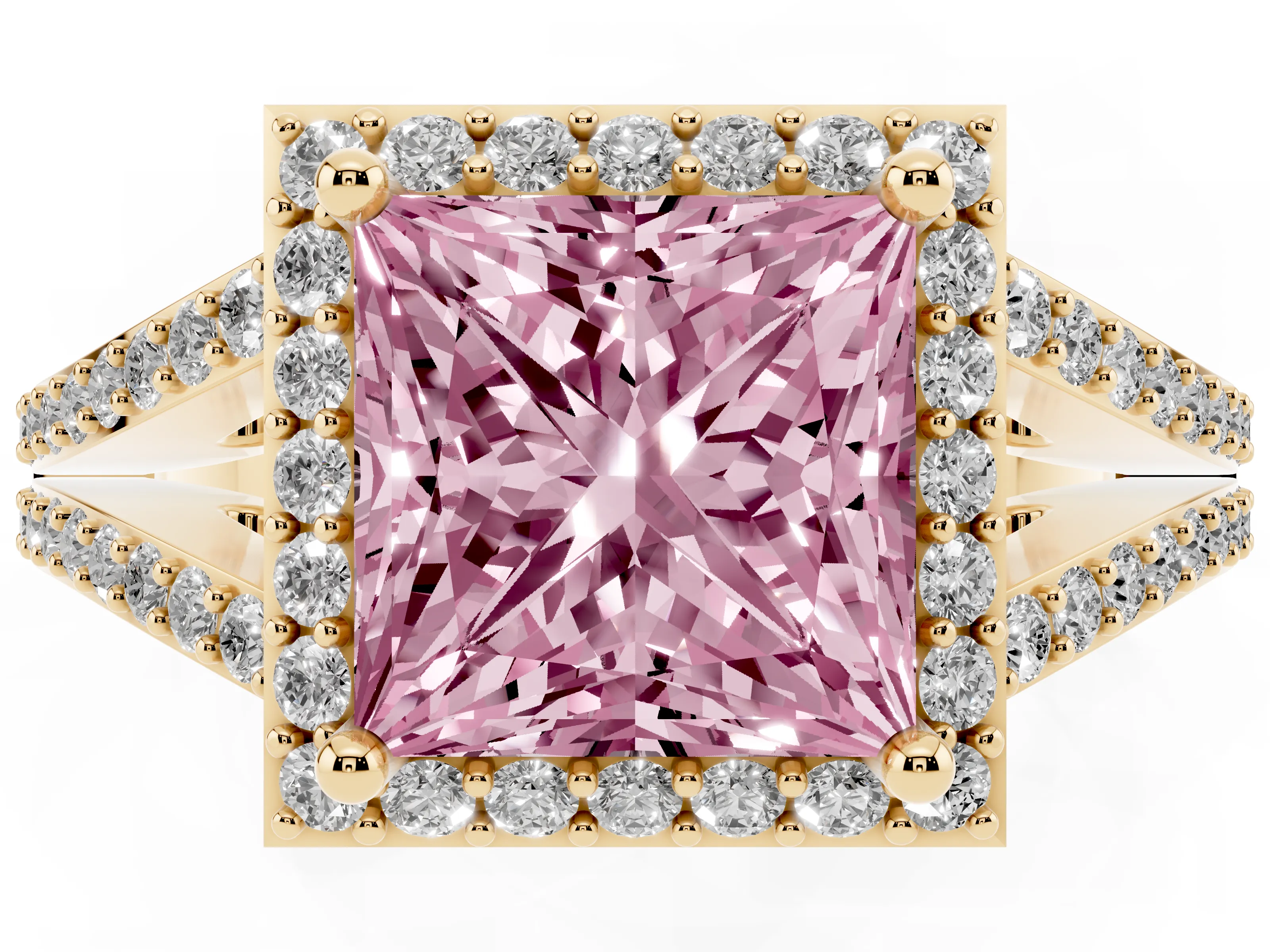 Fancy Pink Princess Cut Diamond Halo Split Shank Pavé Ring Set in Yellow gold with Prong Setting