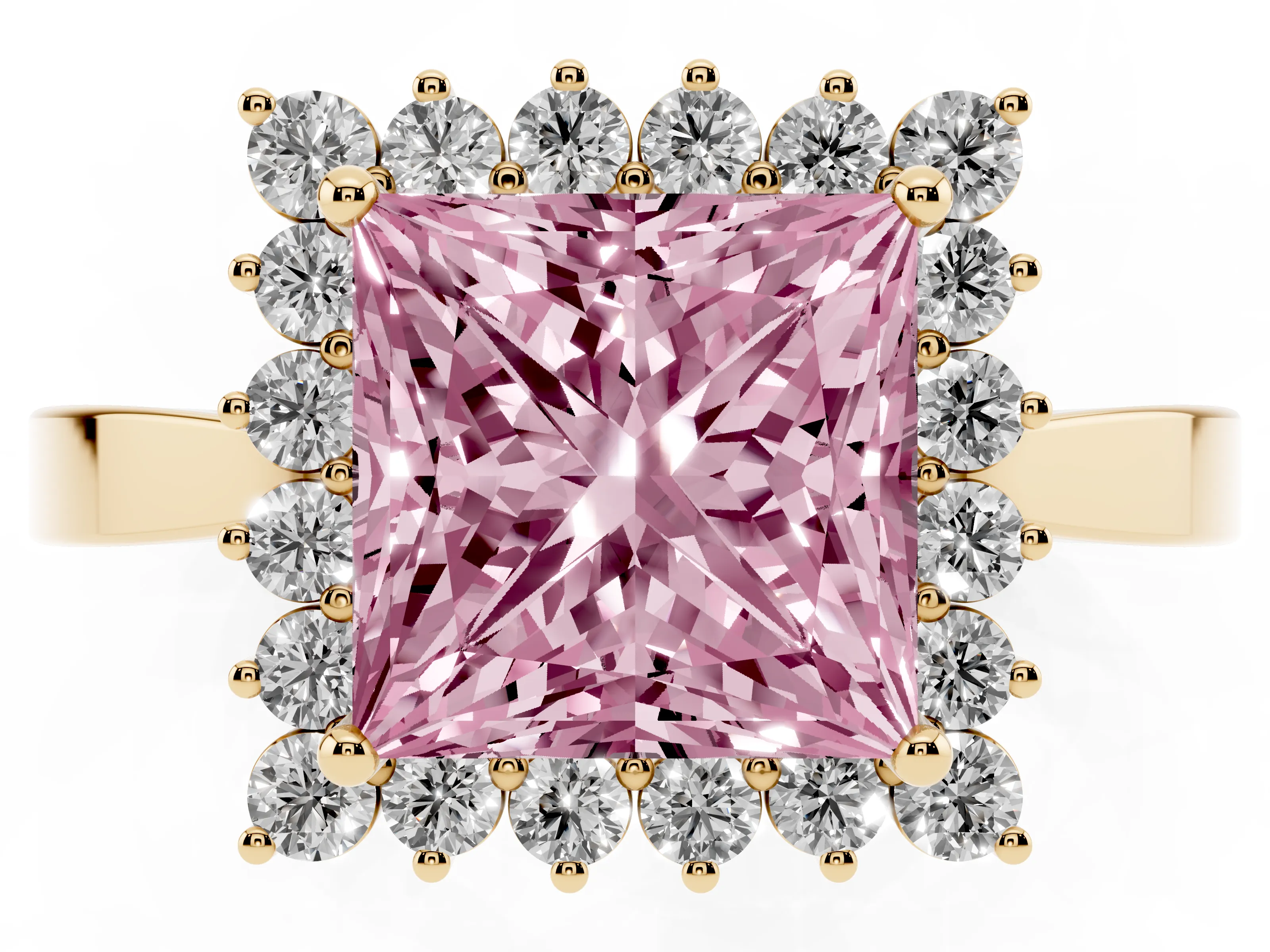 Fancy Pink Princess Cut Diamond Halo Ring Set in Yellow gold with Round Halo and Smooth Solitaire Band