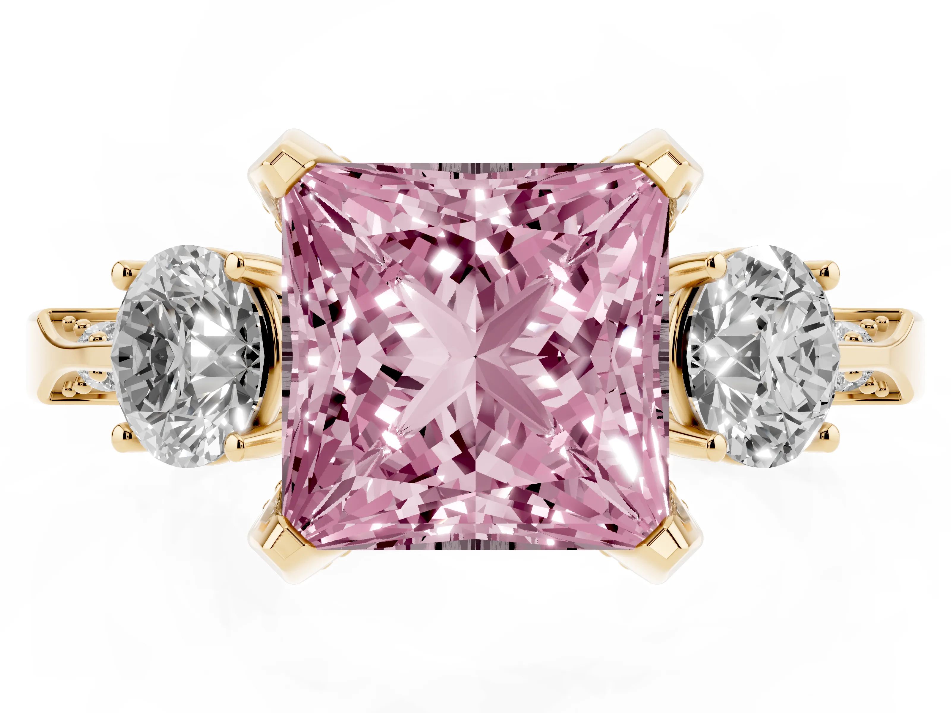 Fancy Pink Princess Cut Diamond Three-Stone Ring Set in Yellow gold with Pavé Band and Smaller Side Stones
